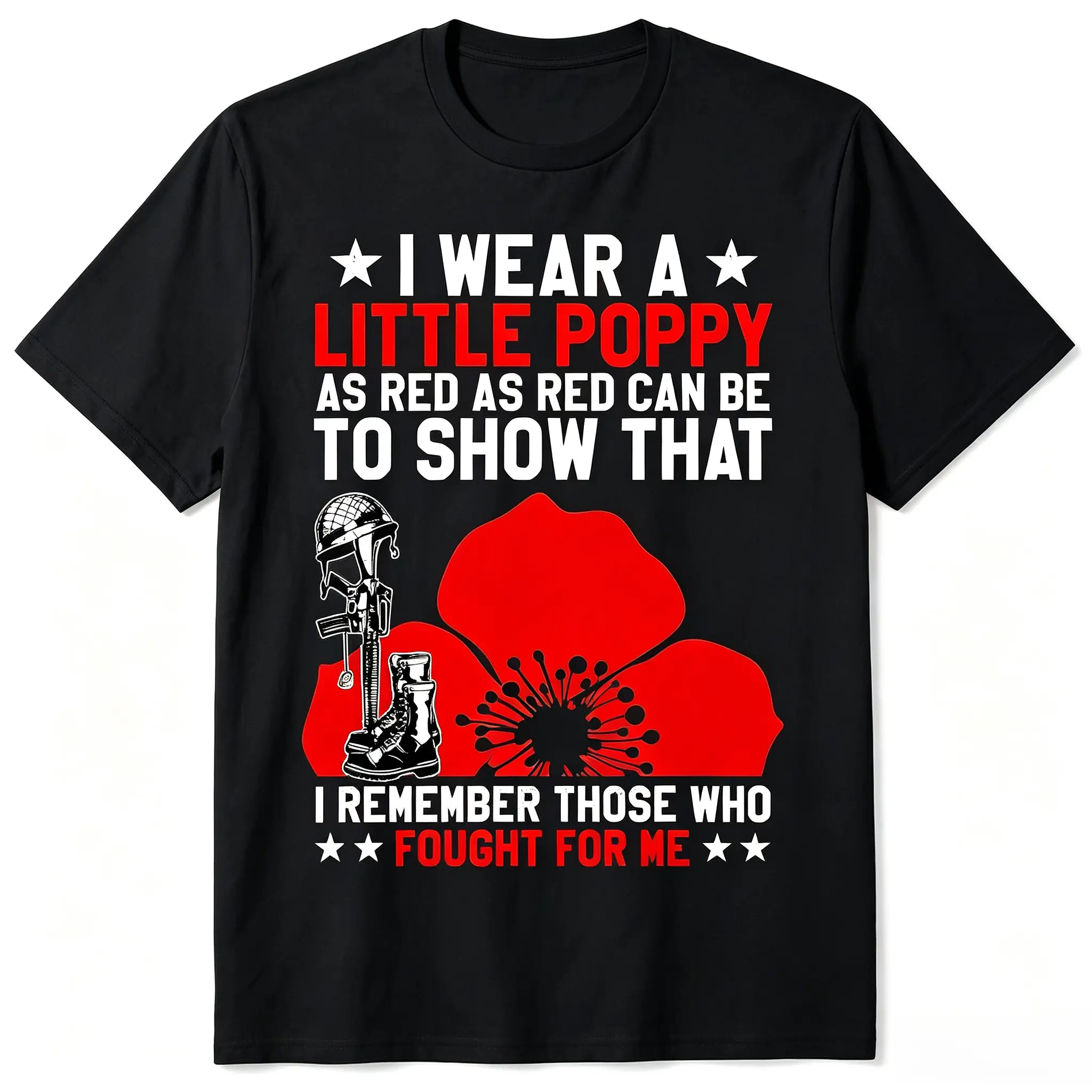 Women's Short-Sleeve Round Neck Soft Red Poppy Veteran Soldier Graphic Oversized Cotton Tee, Fashion Casual Outfit, Ideal Valentine's Day Gift For Him Her, Shortsleeve