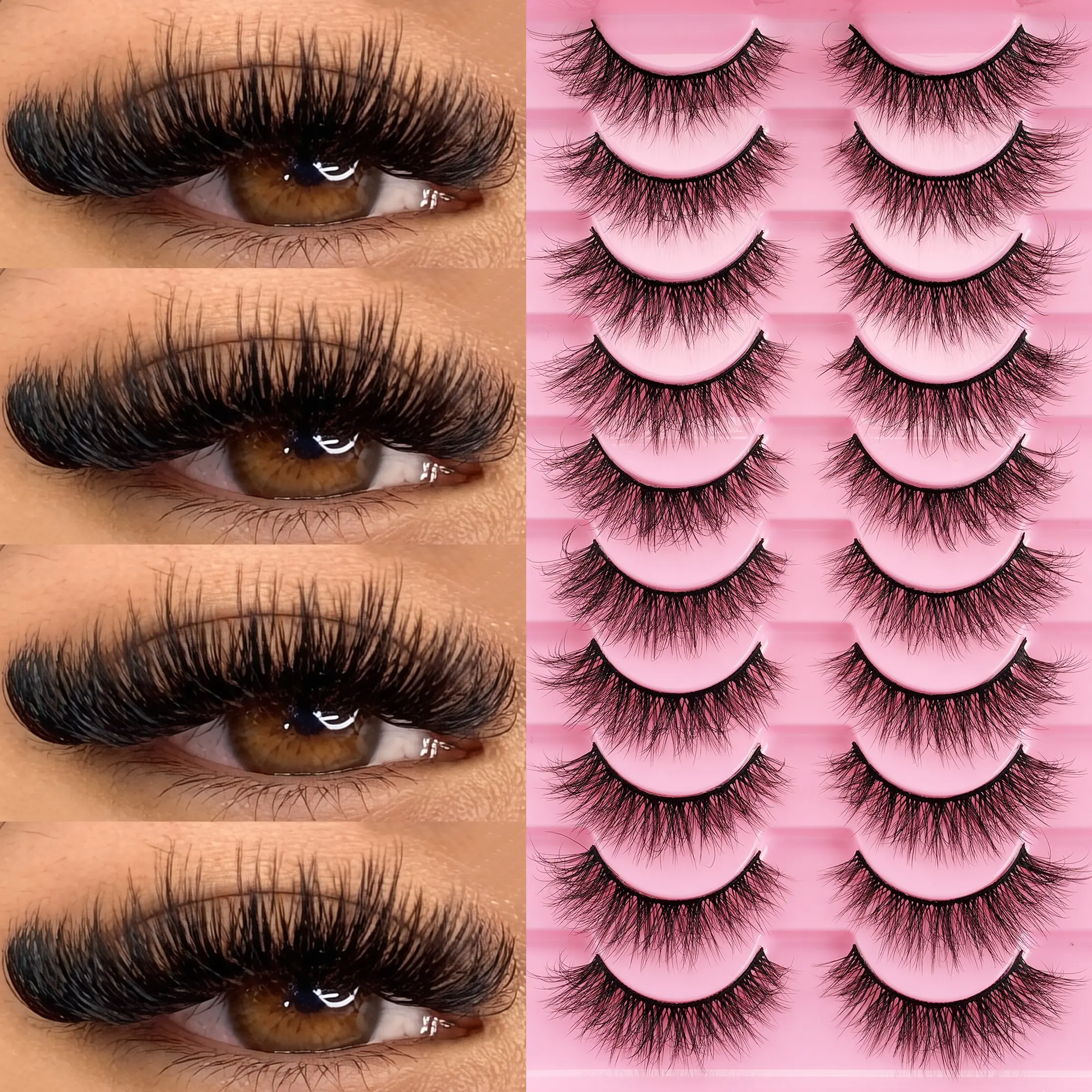 10 Pairs Soft False Eyelashes, D Curl Long Lash Strips, Reusable, Suitable for Beginners, Wedding, Party, Travel, Fiber, Fluffy Fox Fur Full Lash Strip