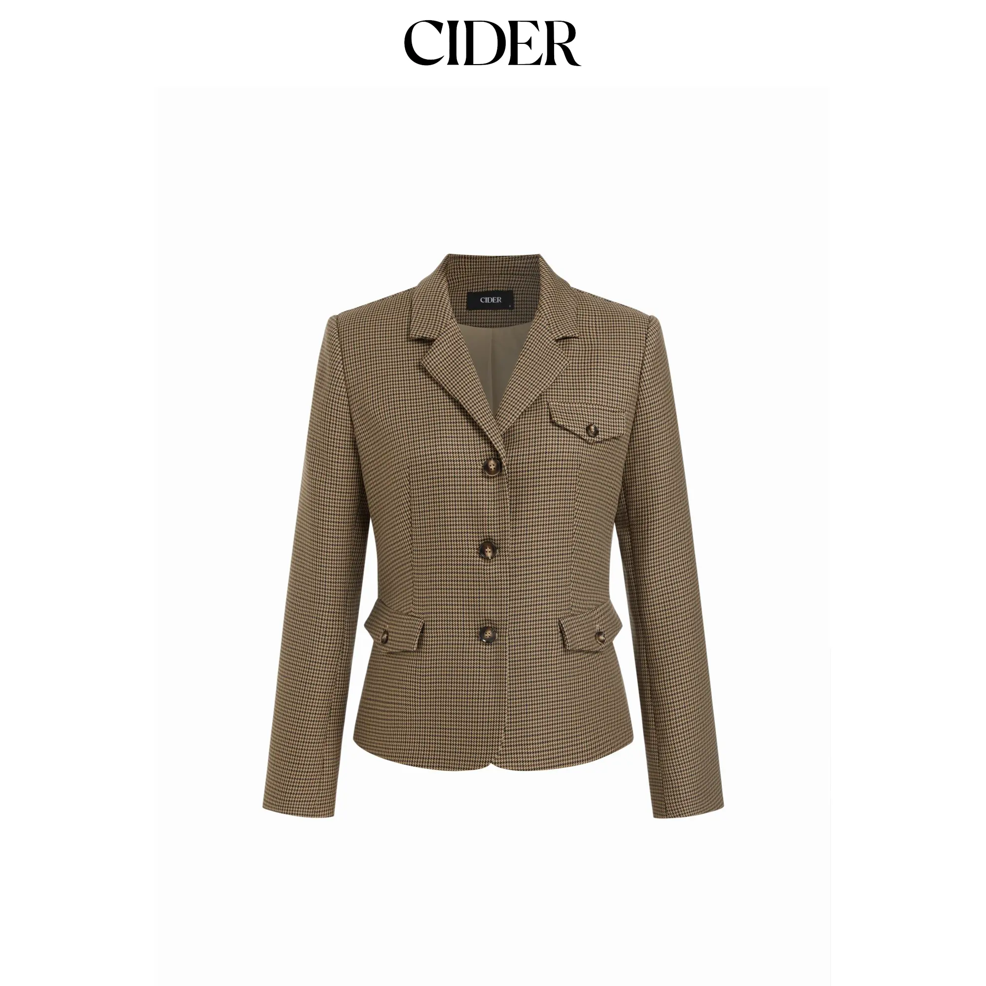 Cider Houndstooth Notched Collar Longline Blazer SohoChic