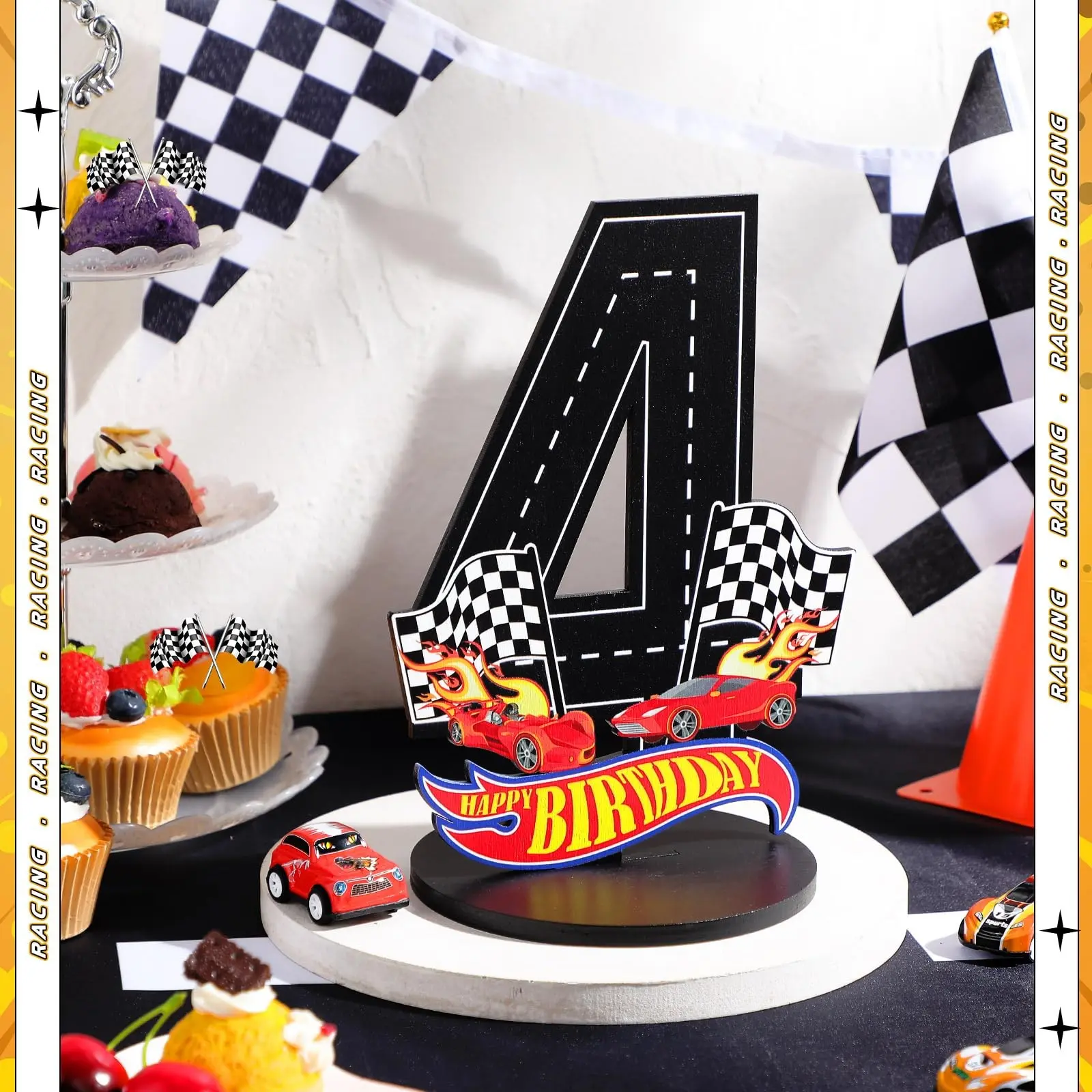 Race Car Themed Wooden Number Table Sign｜Freestanding Checkered Flag Wood Birthday Centerpiece, Racing Track Tabletop Ornament Photo Prop for Boys 2 3 4 5 6 Year Old Race Car Theme Birthday Party