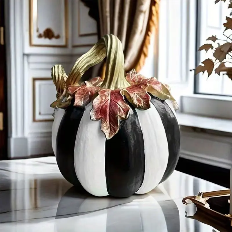 Striped Luxury Resin Pumpkin Decor, Vintage Gold Maple Leaf Pumpkin Desk Decoration, Halloween Living Room Display, Christmas Gift