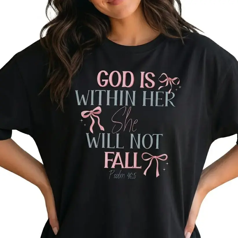 Christian Graphic Tee Women Plus Size God Is Within Her Coquette Bow Faith Shirt