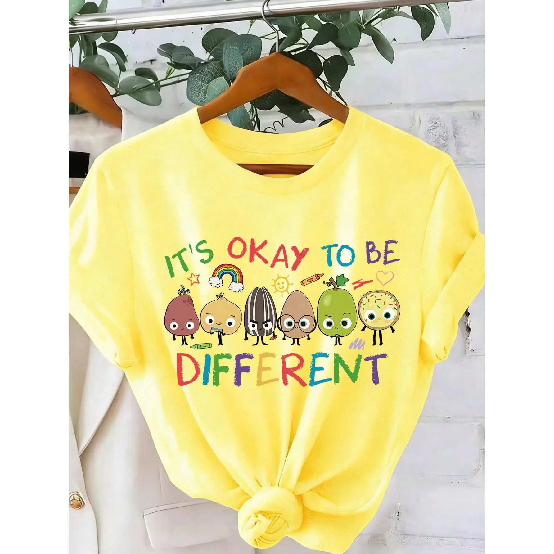 Women's Yellow Neurodiversity Short-Sleeve Knitted Graphic Top, "It's Okay To Be Different" Slogan Sports Top, Casual Round Neck Teacher Shirt, Halloween Gift, Shortsleeve, Tops