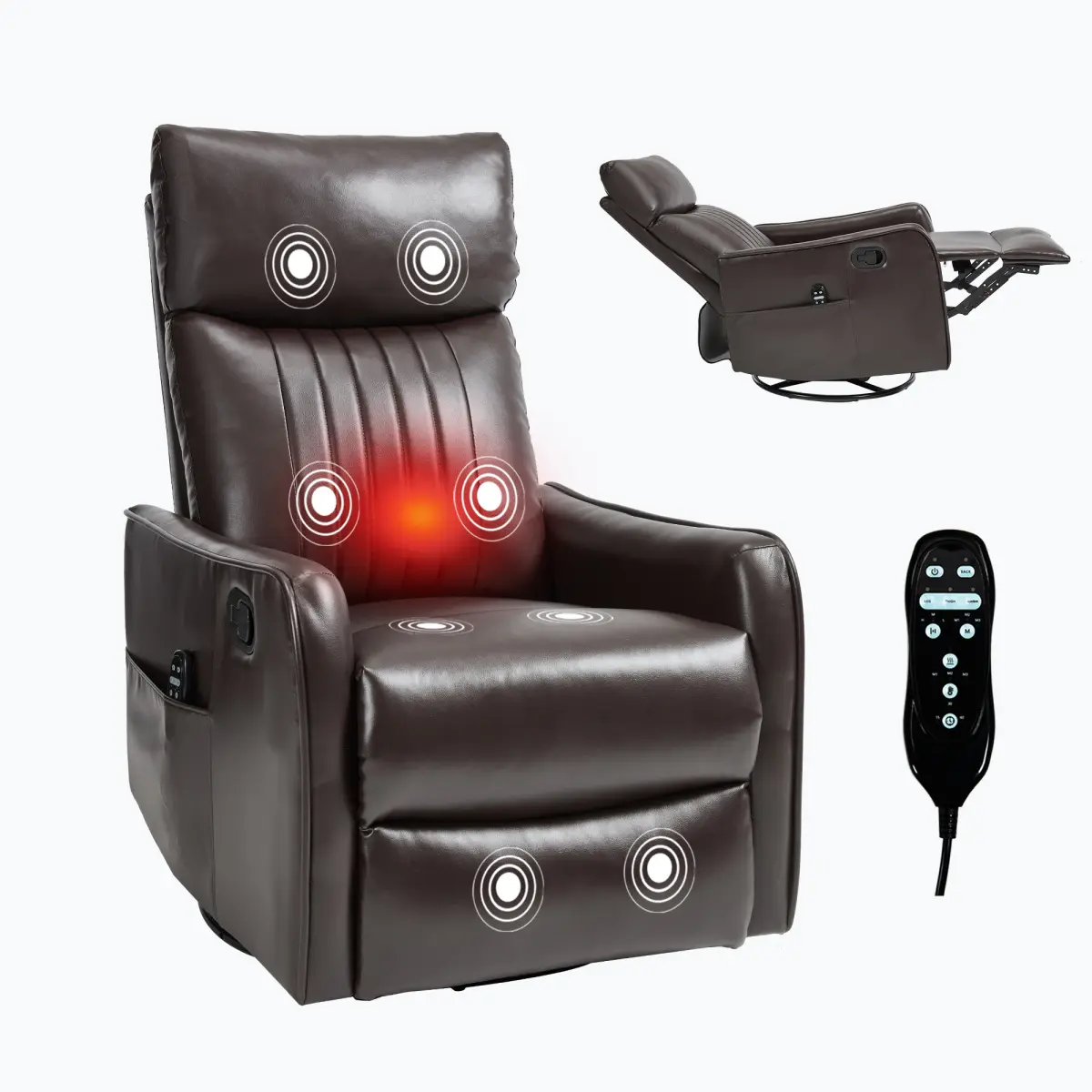 360° Swivel Swing Leisure Lounge Chair, Adjustable Recliner with 155° Max Tilt, Vibration Massage & Waist Heating Function, Multi-Mode Massage Points with Timer, Easy Assembly