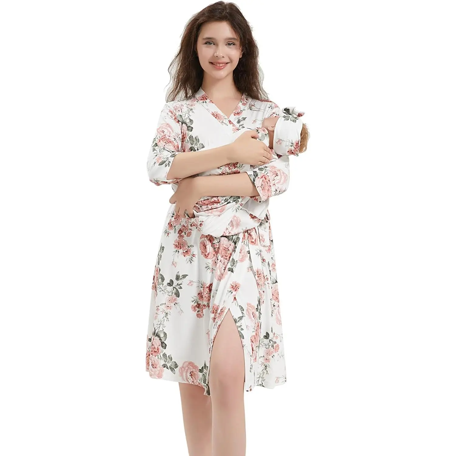 Maternity Robe and Baby Receiving Blanket, Matching Mommy Labor Delivery Robe and Swaddle Set (m, white big flower) apparel outfits clothing prenatal pregnant