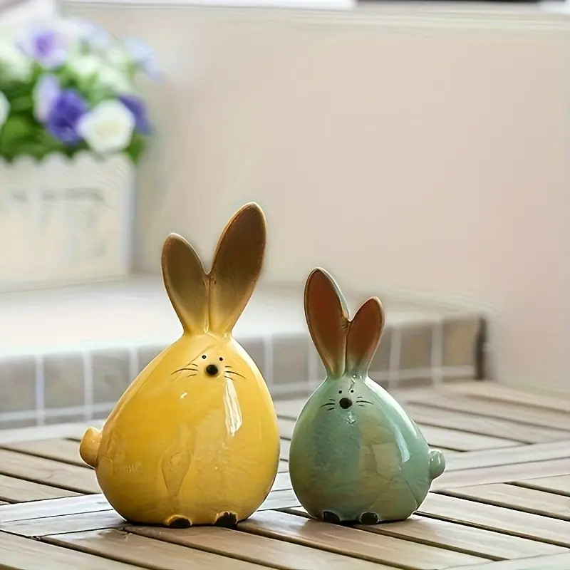 Cute Long Eared Rabbit Sculpture Set, Ceramic Easter Bunny Figurines, Adorable Home Decor, Suitable for All Home Styles
