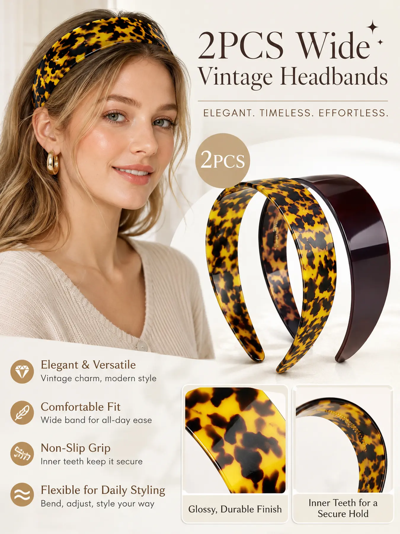 2PCS Tortoise Shell Wide Headbands for Women, Retro Elegant Leopard Print Acetate Hairbands with Teeth, No Slip No Headache Comfort Headband, Classic Minimalist Hair Accessories for Thick Thin Hair Daily Office Wear Party Salon Styling
