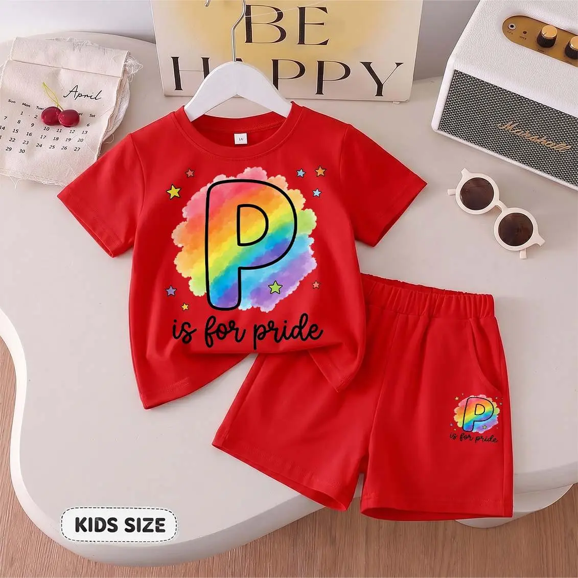 Kids’ "P Is For Pride” Cartoon Print Short-Sleeve T-Shirt And Shorts Set—Casual Summer Kids' Clothing. This Round-Neck Outfit Combination Is Perfect For Everyday Wear And Outdoor Play.