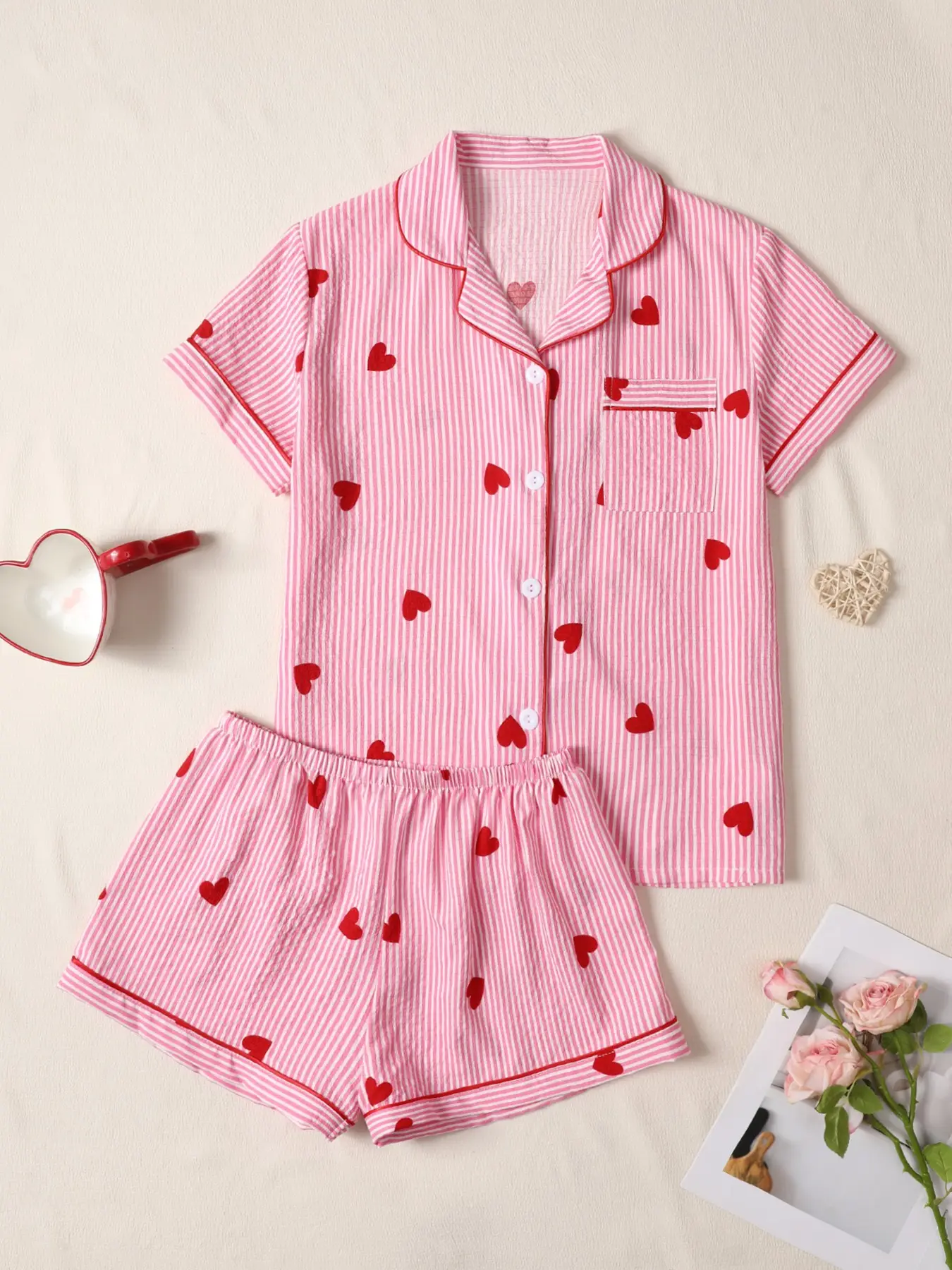 Valentine's Day Wrinkled Heart Print Pajama Set, Short Sleeve Button-Up Top and Shorts, Women's Sleepwear and Homeewear, Loungewear, Pajama Button Front