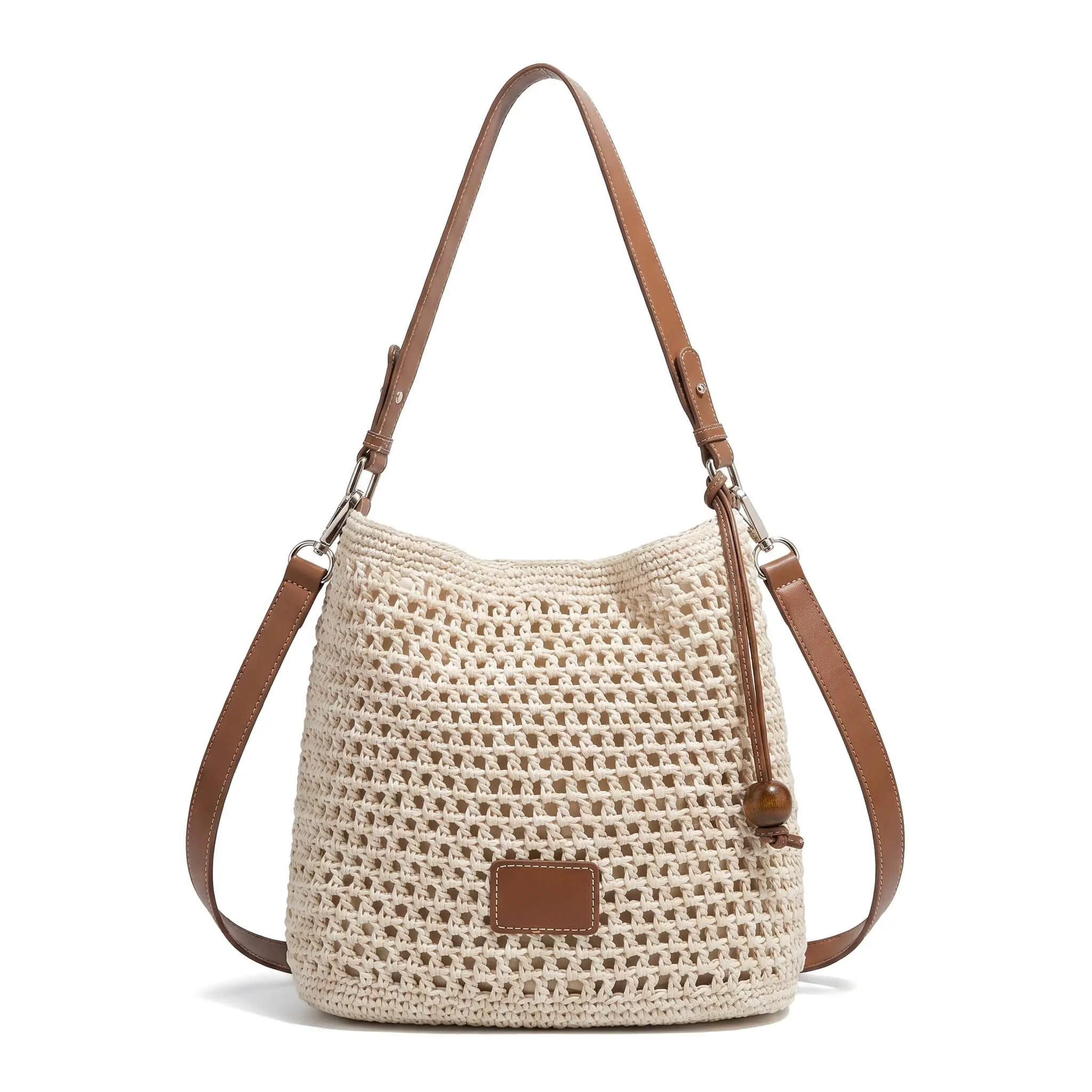 Women's 2026 Summer Woven Crochet Bucket Bag - Openwork Macrame Shoulder Tote, Y2K Effortless Chic Handbag with Leather Strap for Beach Vacation & City Daily Wear Boho Crossbody Tote