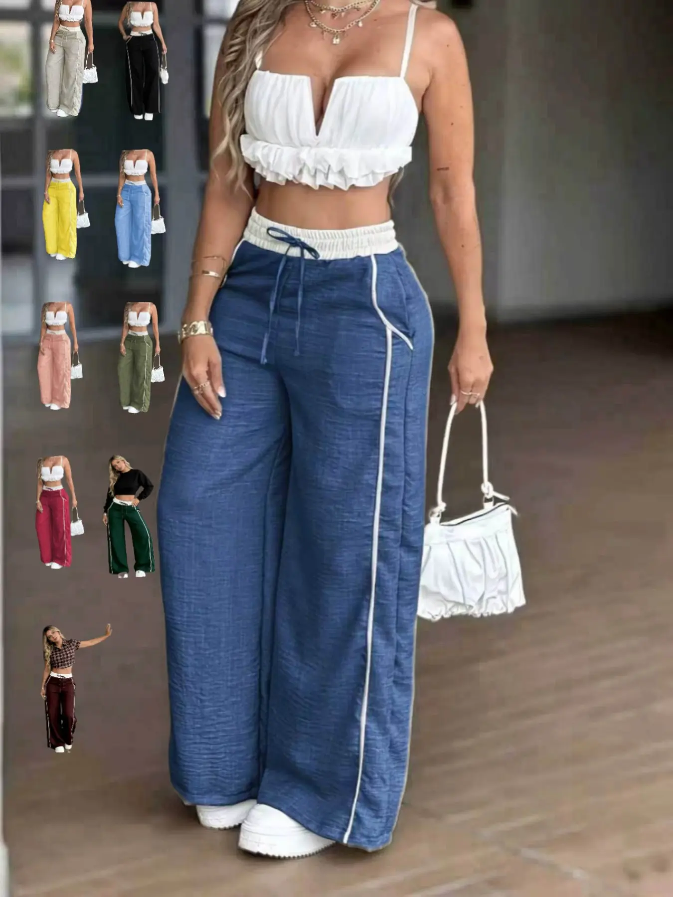 Women's High Waist Elastic Adjustable Drawstring Wide Leg Pants, Side Stripe Y2K Style, Spring Summer New Basic Casual Loose Fit Trousers, Bottoms, Baggy