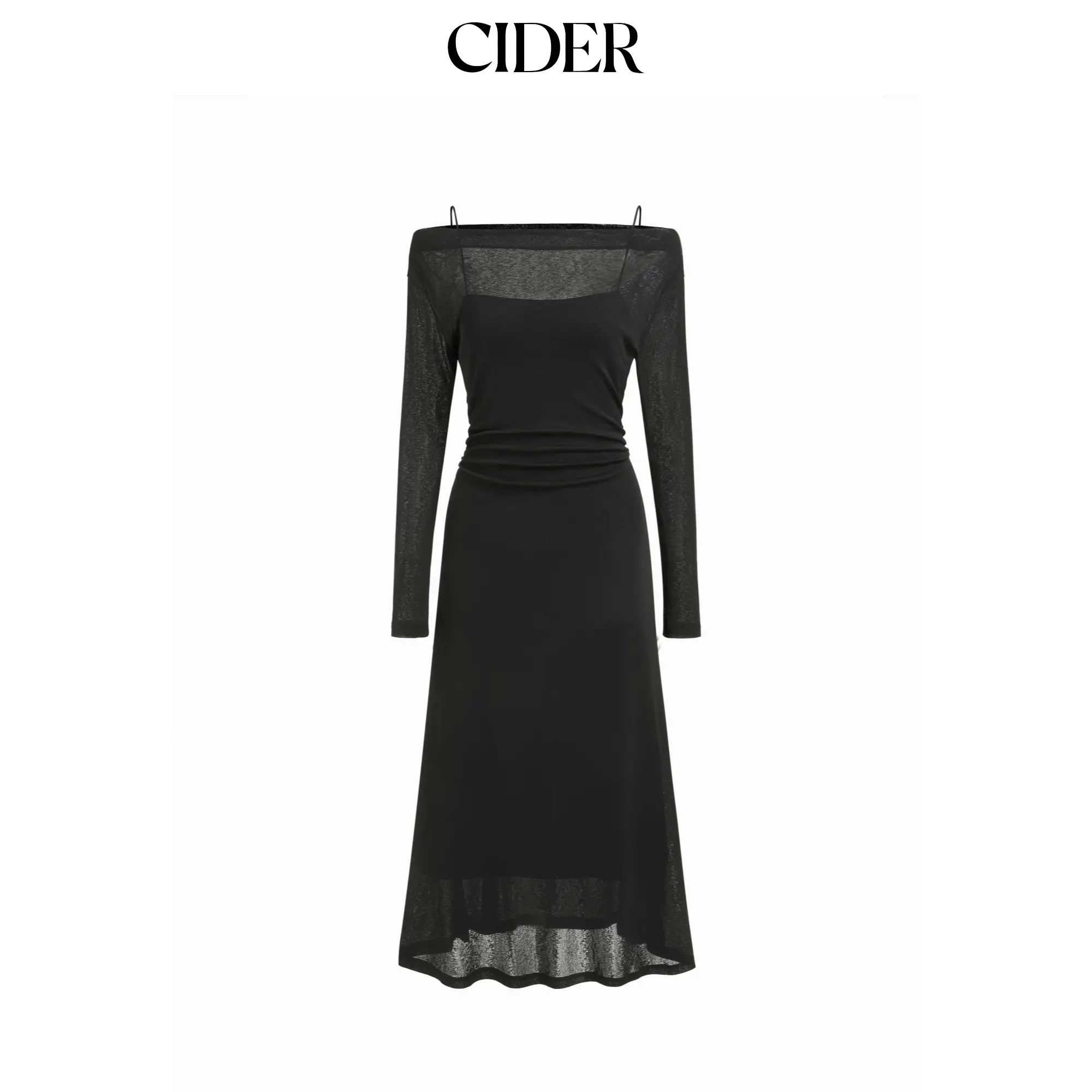 Cider 2-Piece Set Off-shoulder Ruched Sheer Overlay Top & Maxi Slip A-line Dress