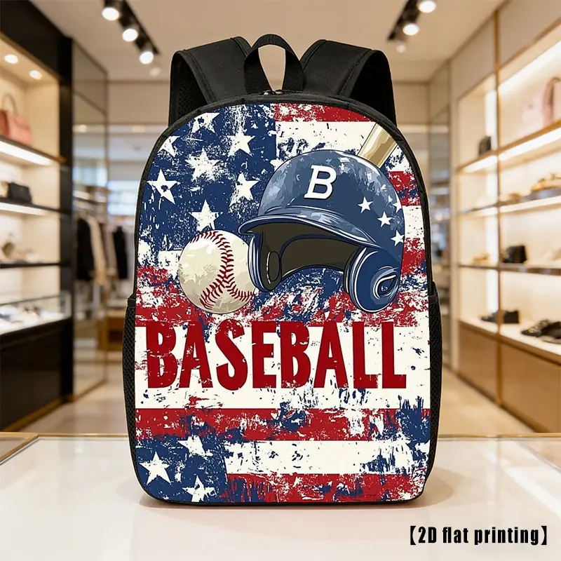 Baseball Backpack for Boys Girls, USA Flag Sports School Bag with 2D Flat Print, Baseball Helmet Ball Graphic Bookbag, Lightweight Student Daypack with Side Pockets, Travel Bag for Kids Teens, Practice Gear Bag, Back to School Gift for Baseball Fans
