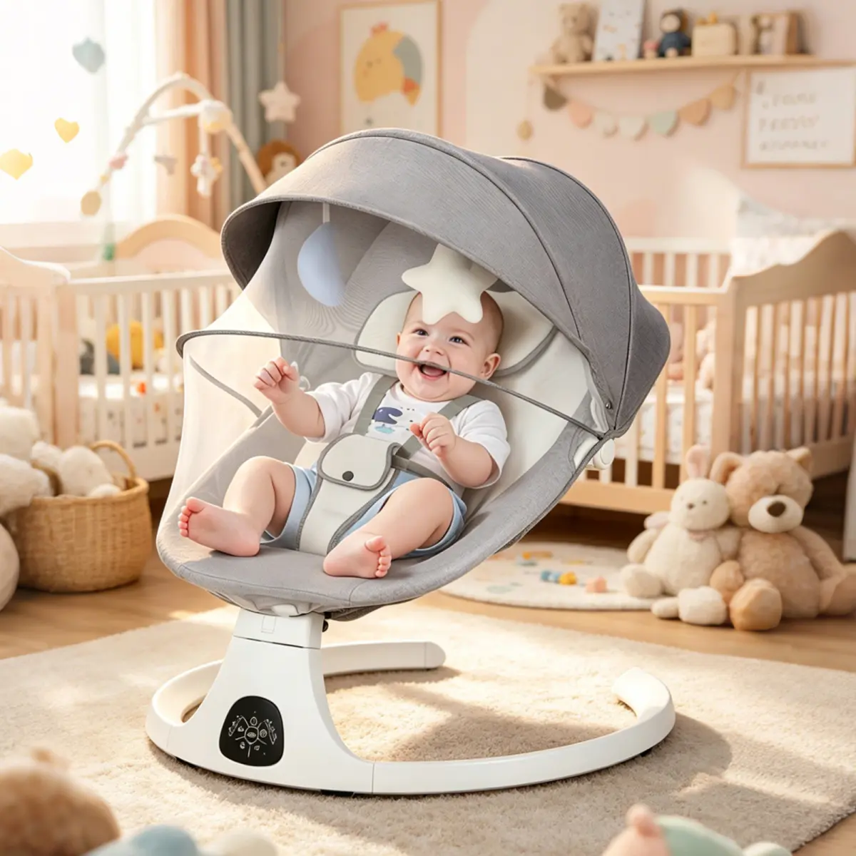  [Bellemave] Baby Swing Infant Swing Electric Baby Rocker Portable for Newborn Boy Girl, 5 Natural Motion Speeds with Remote Control, Preset Melodies, Timer and Bluetooth, 0 - 12 Months Max 20 Lbs