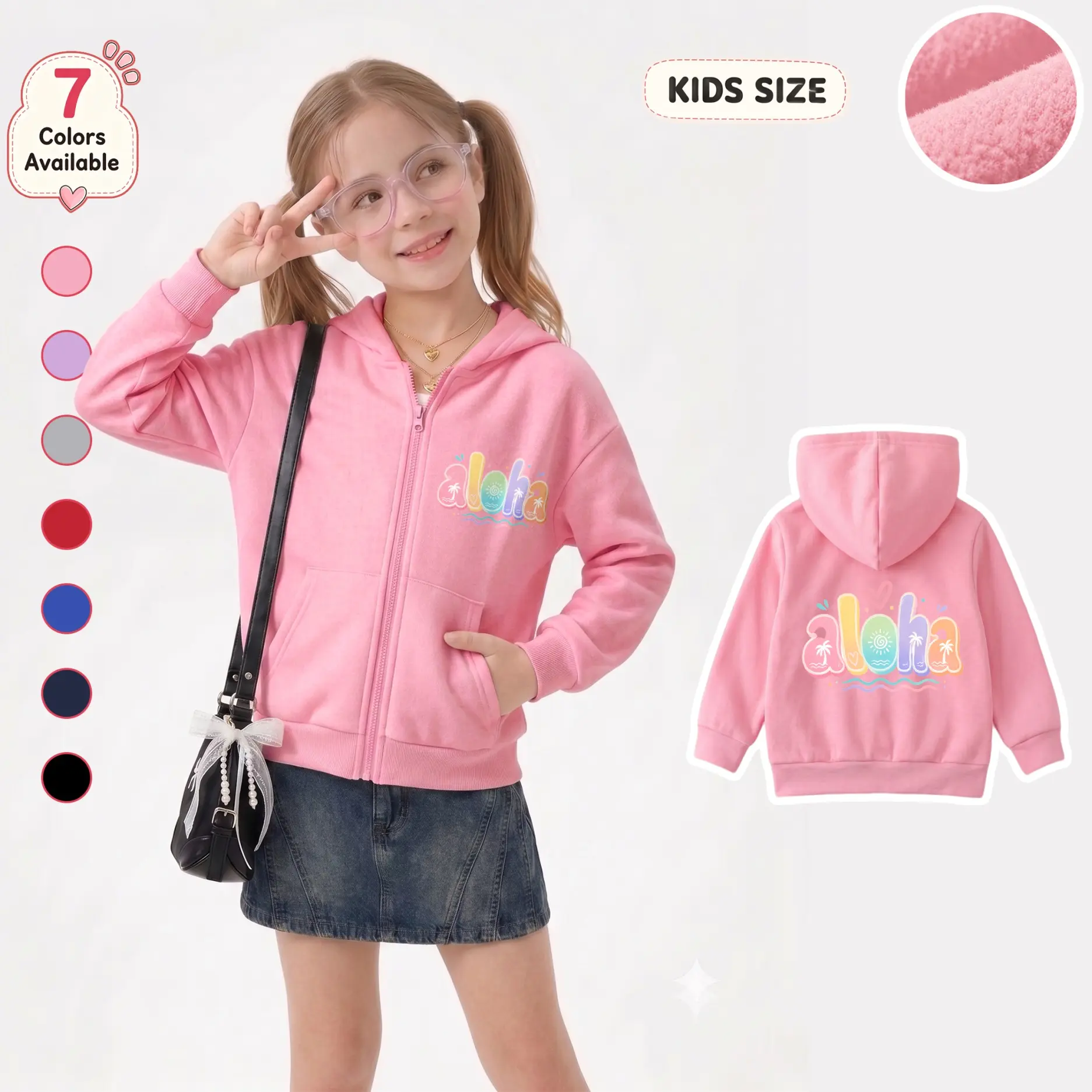 Girls’ Casual Sporty Regular Fit Aloha Tropical Print Zip-Up Hoodie - Front Pockets, Palm Tree & Wave Back Statement Hooded Jacket for School Outdoors, Family Vacation