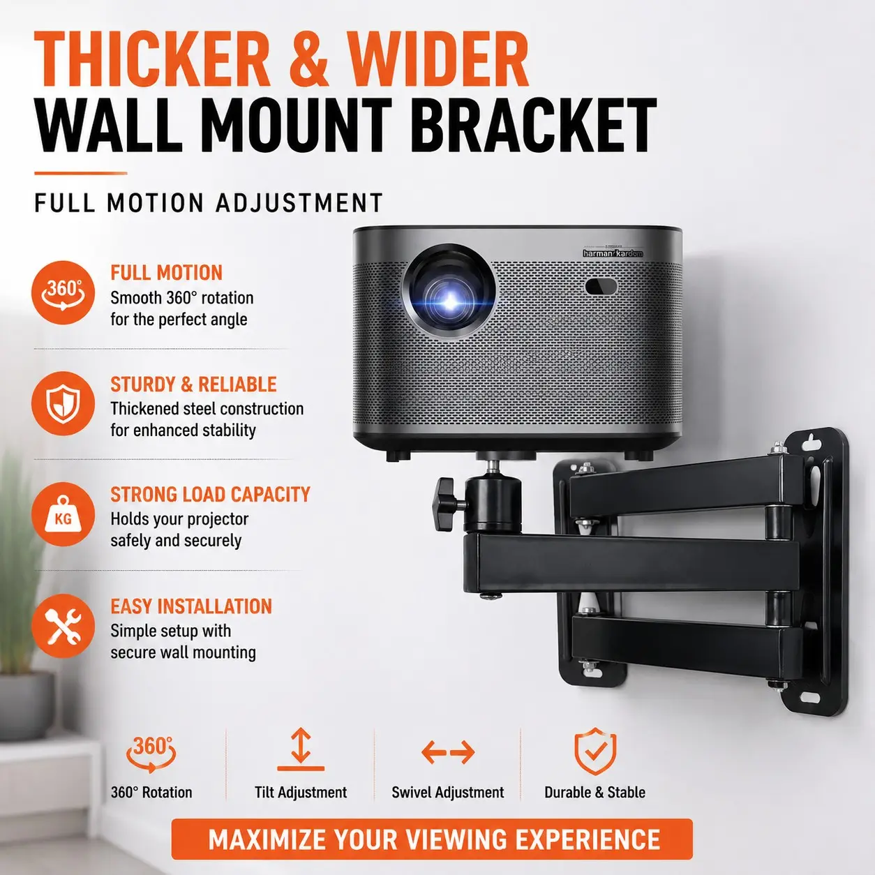 Projector Wall Mount Bracket, Three-Axis Extendable, Bedroom Bed Head Wall Mount, 360° Angle Adjustment, Home Theater Setup