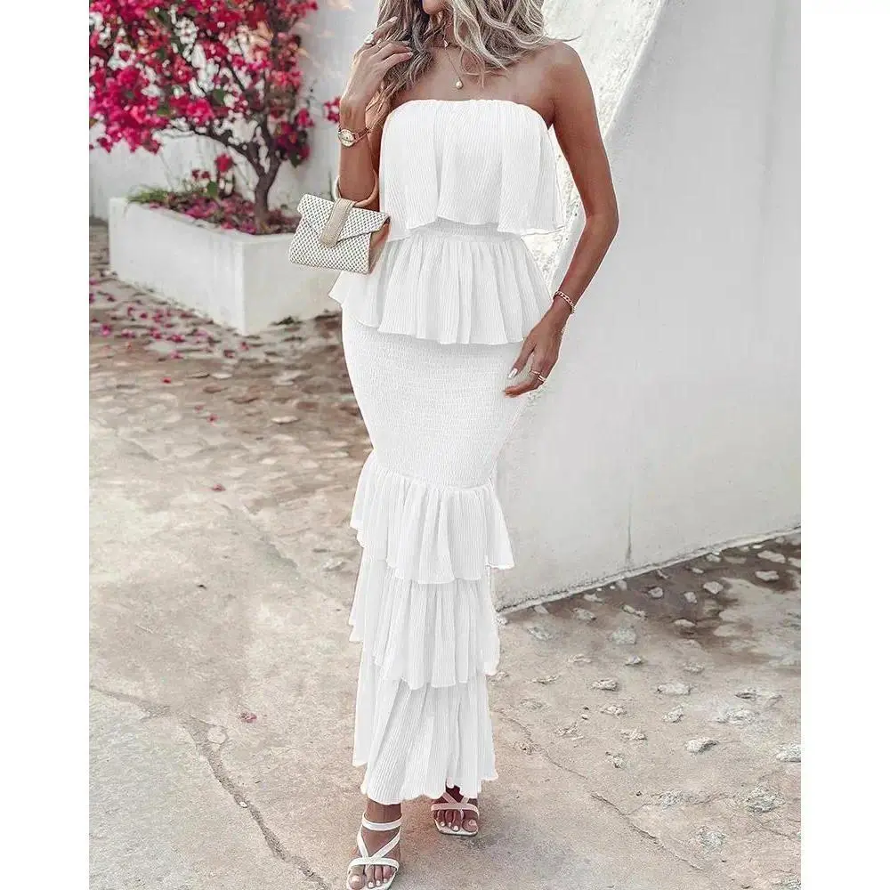 Women’s Sleeveless Bandeau Maxi Dress, Shirred Layered Ruffle Hem Wedding Guest Sundress for Formal Parties