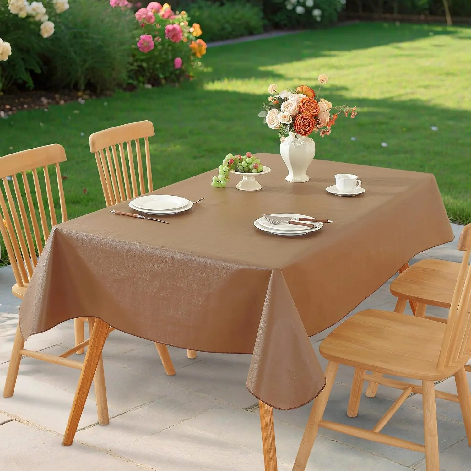Rectangle Table Cloth,  Vinyl Tablecloth with Flannel Backing, Wipeable  Rectangular Plastic Tablecloths for Dining, Camping, Indoor and Outdoor (Dark Coffee, 60" x 84")