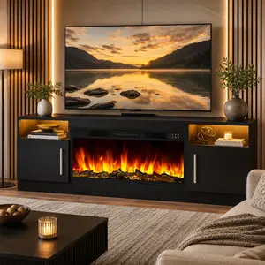 [2 Packages Shipping] 70 Inch Fireplace TV Stand Fits Up To 80"TV, 36" Electric Fireplace Entertainment Center with LED Lights
