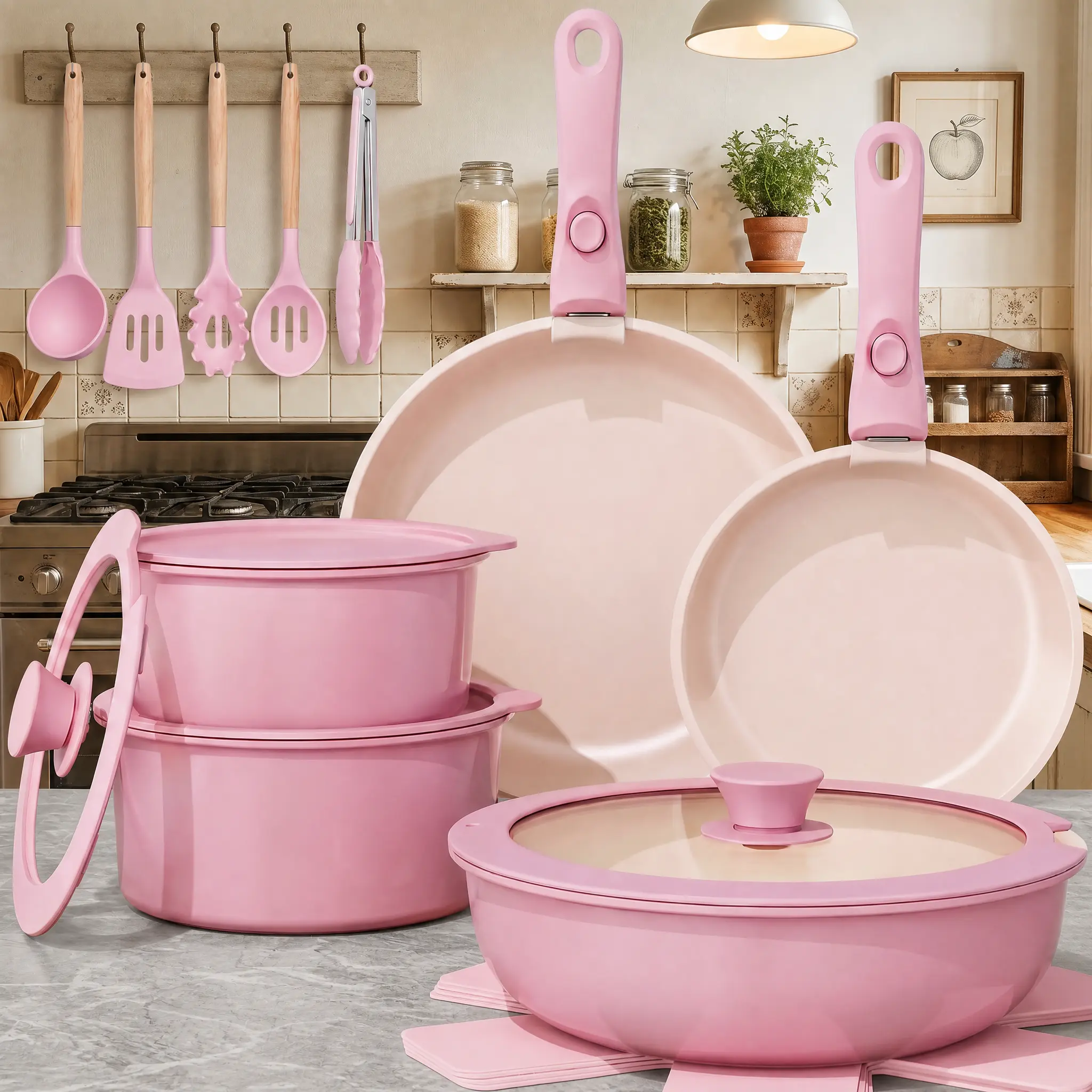 19PCS Contemporary Non-Stick Cookware Set - Detachable Handles, Blush Pink Kitchen Supplies, Oven-Safe Pans & Woks for Home, Camping Use,pan