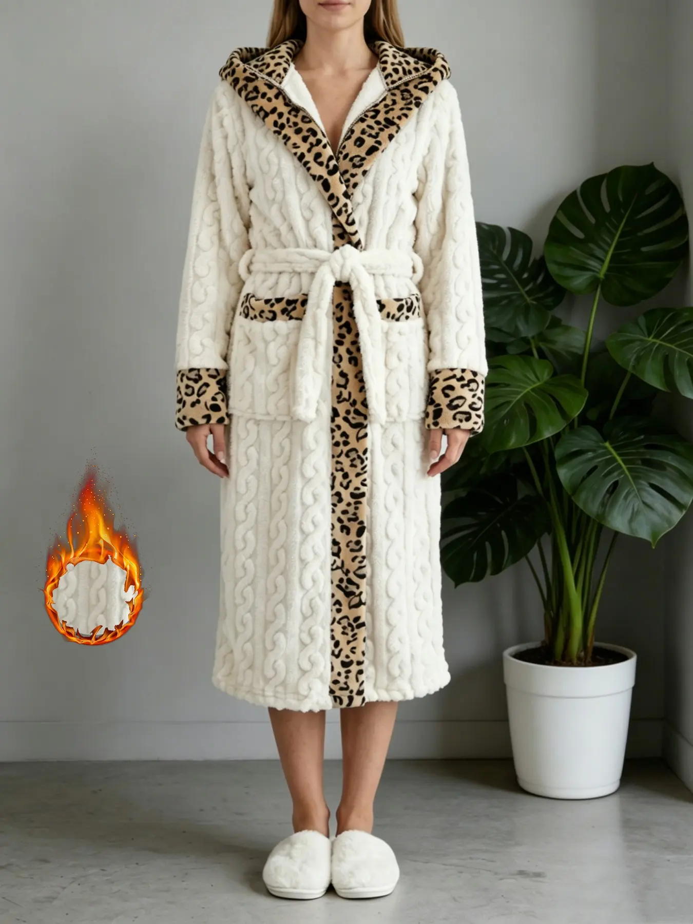 Autumn Winter Retro Vintage Leopard Print Hooded Loose Bathrobe for Women, Long Flannel Sleep Robe Nightwear Loungewear with Adjustable Tie Waist, Dual Pockets Home Wear