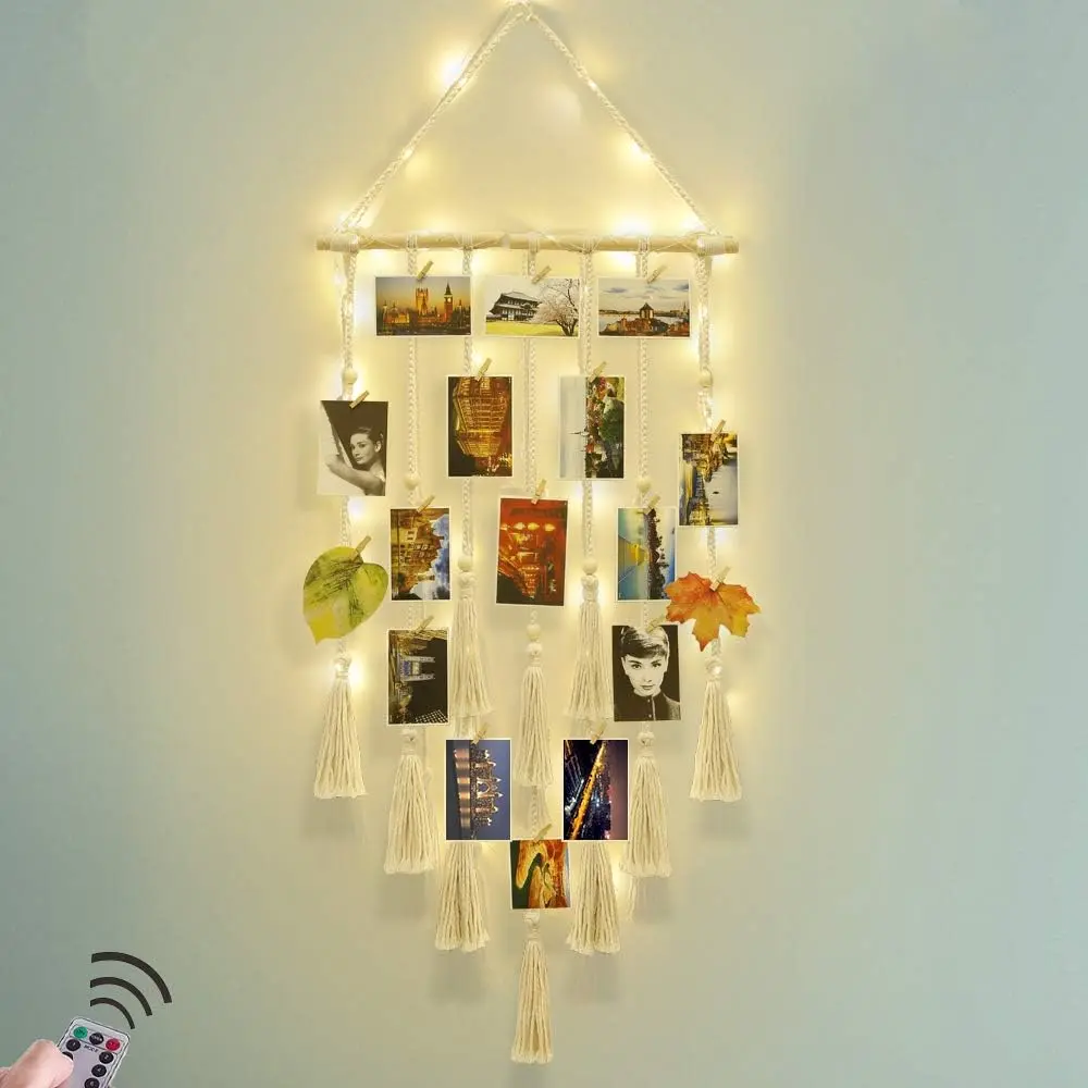 Handmade Cotton-Wooden LED Fairy Light Wall Mount Photo Display, Macrame Boho Room Decor with 30 Clips, Picture Frame Collage Board for Teen Girls – Christmas, Valentine's Day, Mother's Day Funny Gifts for Women, Led Lights, Valentines Day