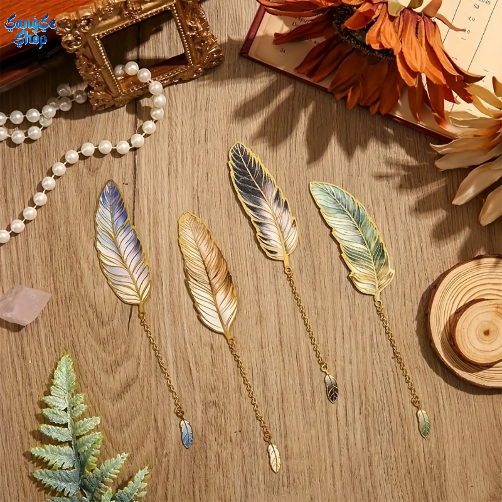 Vintage Metal Feather Bookmarks with Pendants, 4-Piece Antique Style Set, Decorative Reading Accessories for Book Lovers, 4Pcs, Classic, Elegant