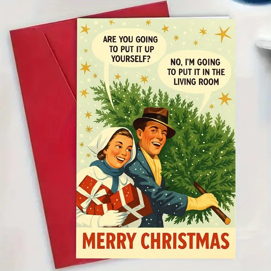 1pc Funny Couple Christmas Card With Envelope Christmas Pun Greeting Card Retro Holiday Design Merry Christmas Gift For Husband Wife Partner Christmas Anniversary Celebration