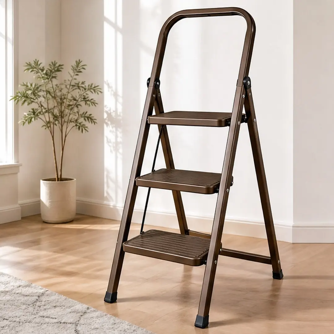 ARCH 3 Step Ladder Folding Step Stool for Adults with Wide Anti-Slip Pedal, Aluminum Lightweight Foldable Step Ladder for Home Kitchen Office, 450 lbs Capacity, Brown, 10 lbs, 40.6H, Brown Color Options, Aluminum Material, Modern Style