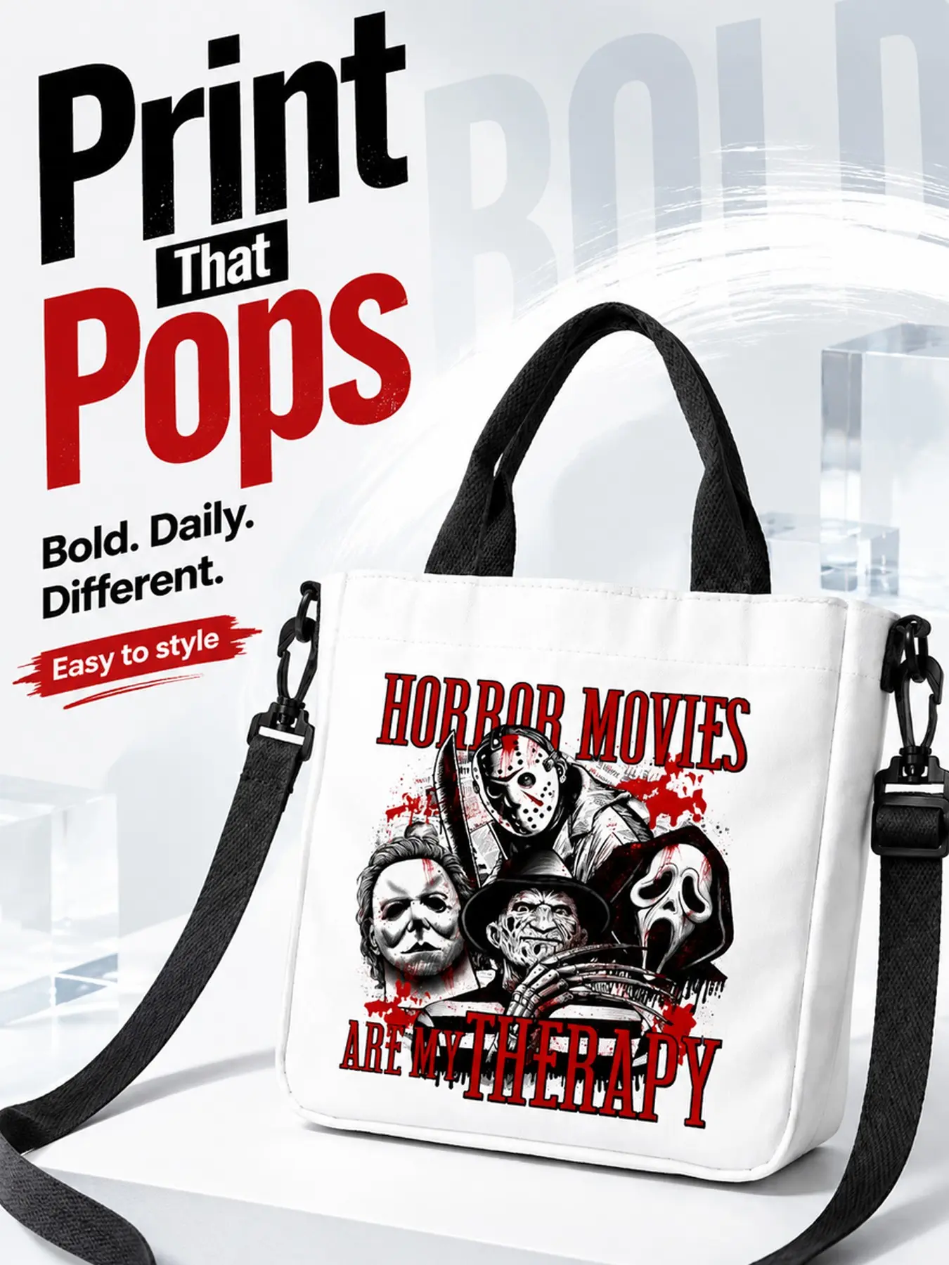 Horror Movie Graphic Tote Bag for Women, Halloween Gothic Canvas Shoulder Bag, White Crossbody Handbag, Streetwear Shopping Bag, Horror Fans Gift, Birthday Gift, Christmas Gift, Halloween Party Gift, Daily Casual Purse
