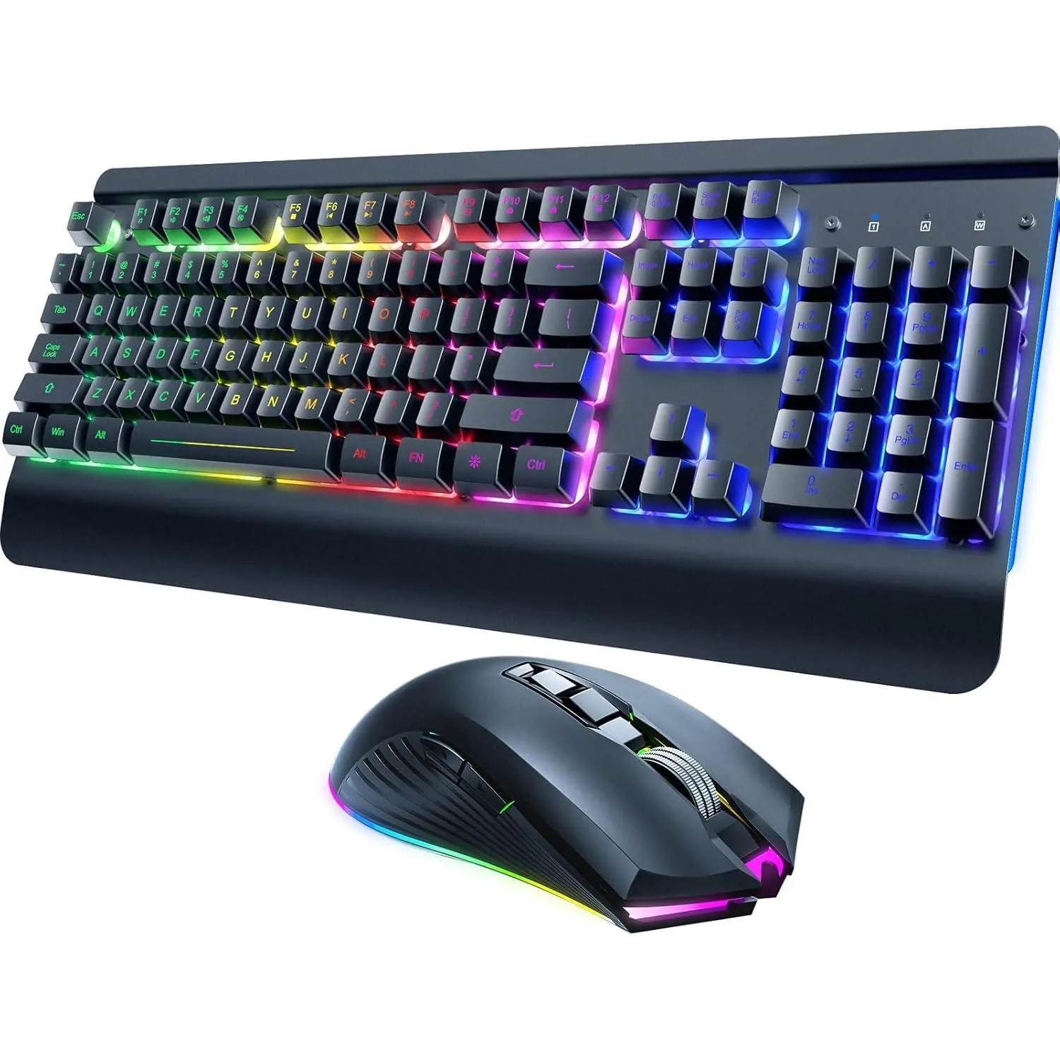 Wireless Gaming Keyboard and Mouse Combo, Metal Panel, 7 Color Backlits, Rechargeable 3200 mAh Battery, Wrist Rest, Sleep Mode, Light Up Keyboard + 7D 3200DPI Gaming Mice for PC Gamer