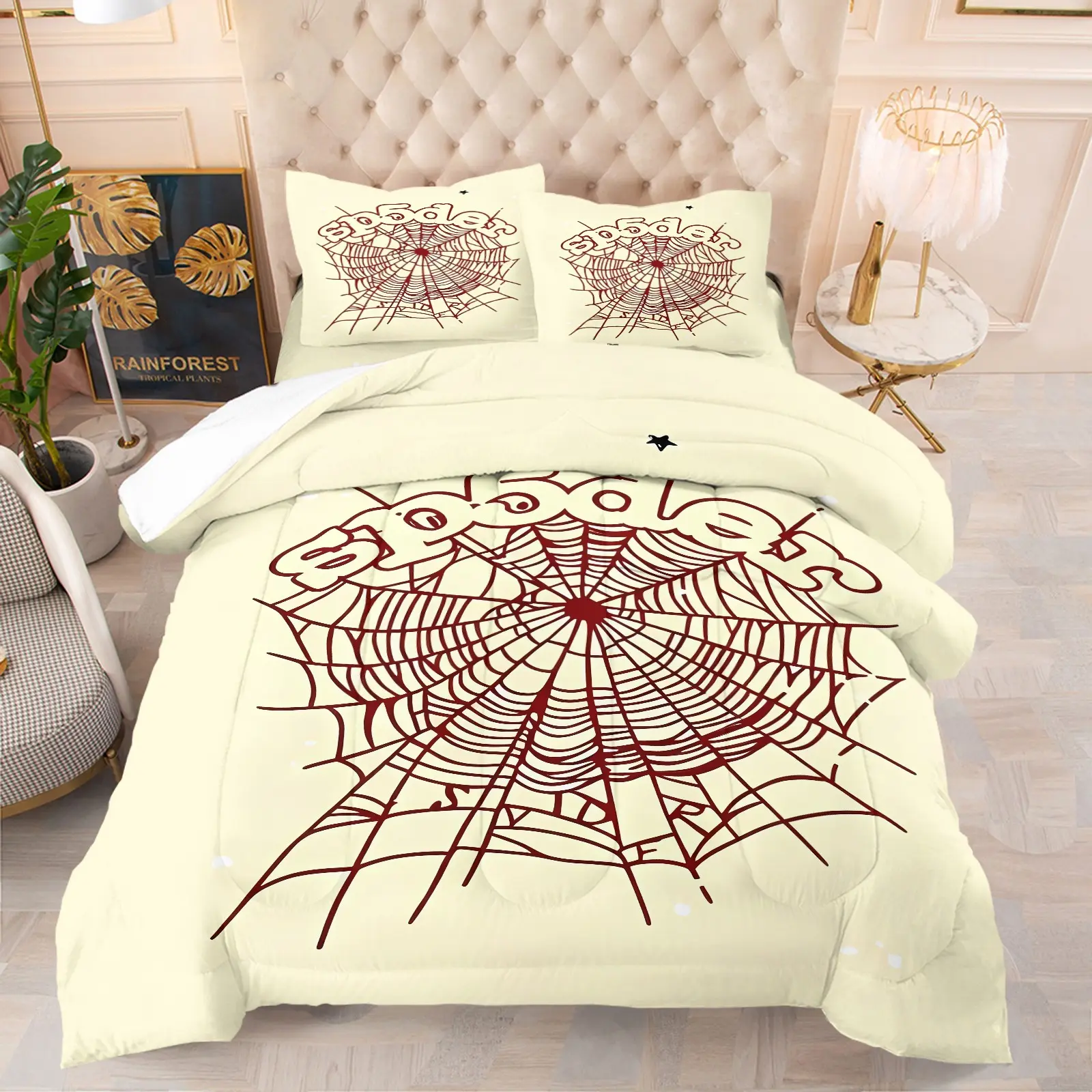 Cream Beige Burgundy spider Spider Web Comforter Set, 1 Quilt and 1-2 Coreless Pillowcases, Vintage Street Trendy Style Bedding, Soft Warm, Perfect for Youth Bedroom Dorm and Gaming Room Decor, Best Gift