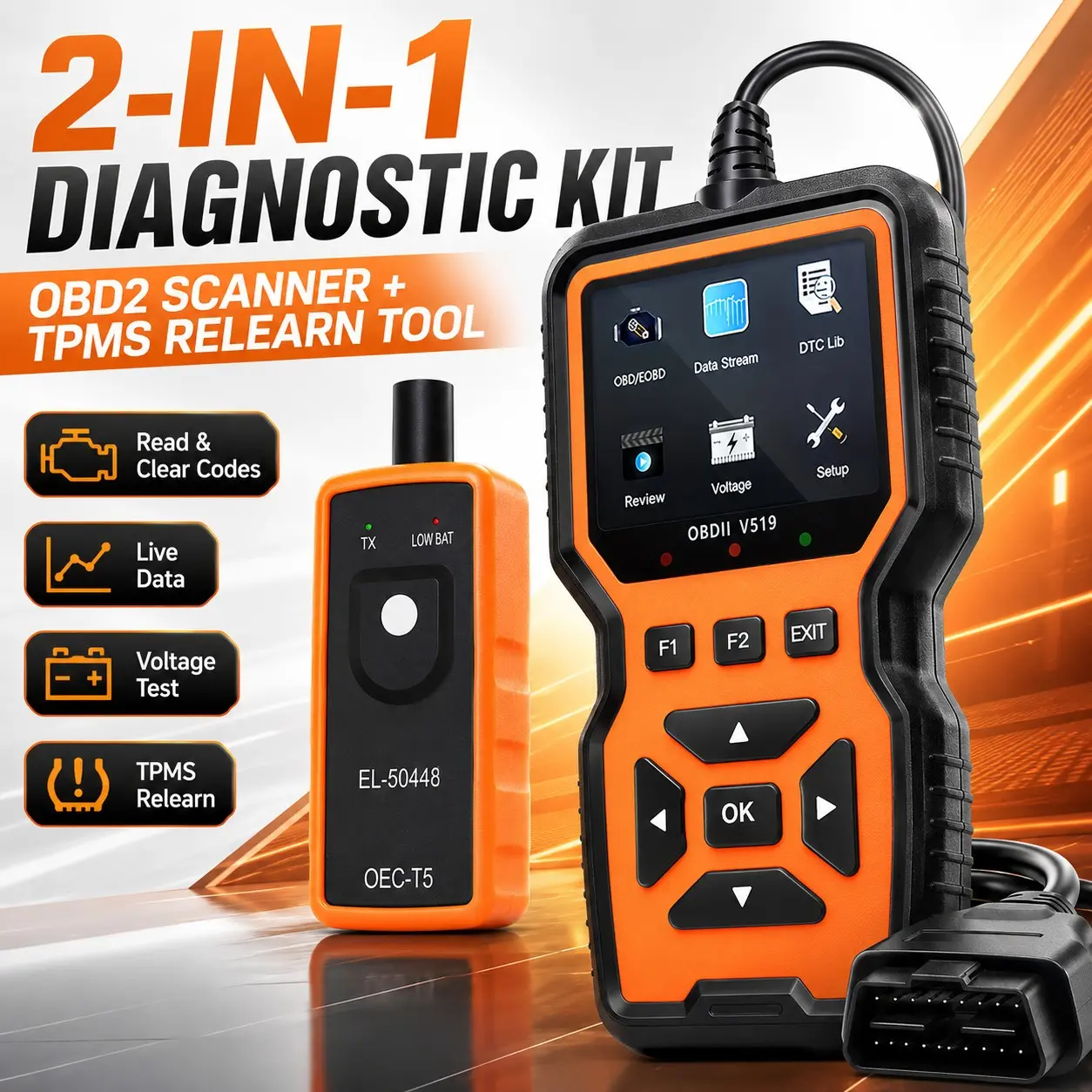 2-In-1 Car Diagnostic Kit, V520 Obd2 Scanner, Vehicle Diagnostic Scanner, EL50448 Tpms Reset Tool, Engine Fault Code Reader, Live Data, Dtc Library, Battery Voltage Check