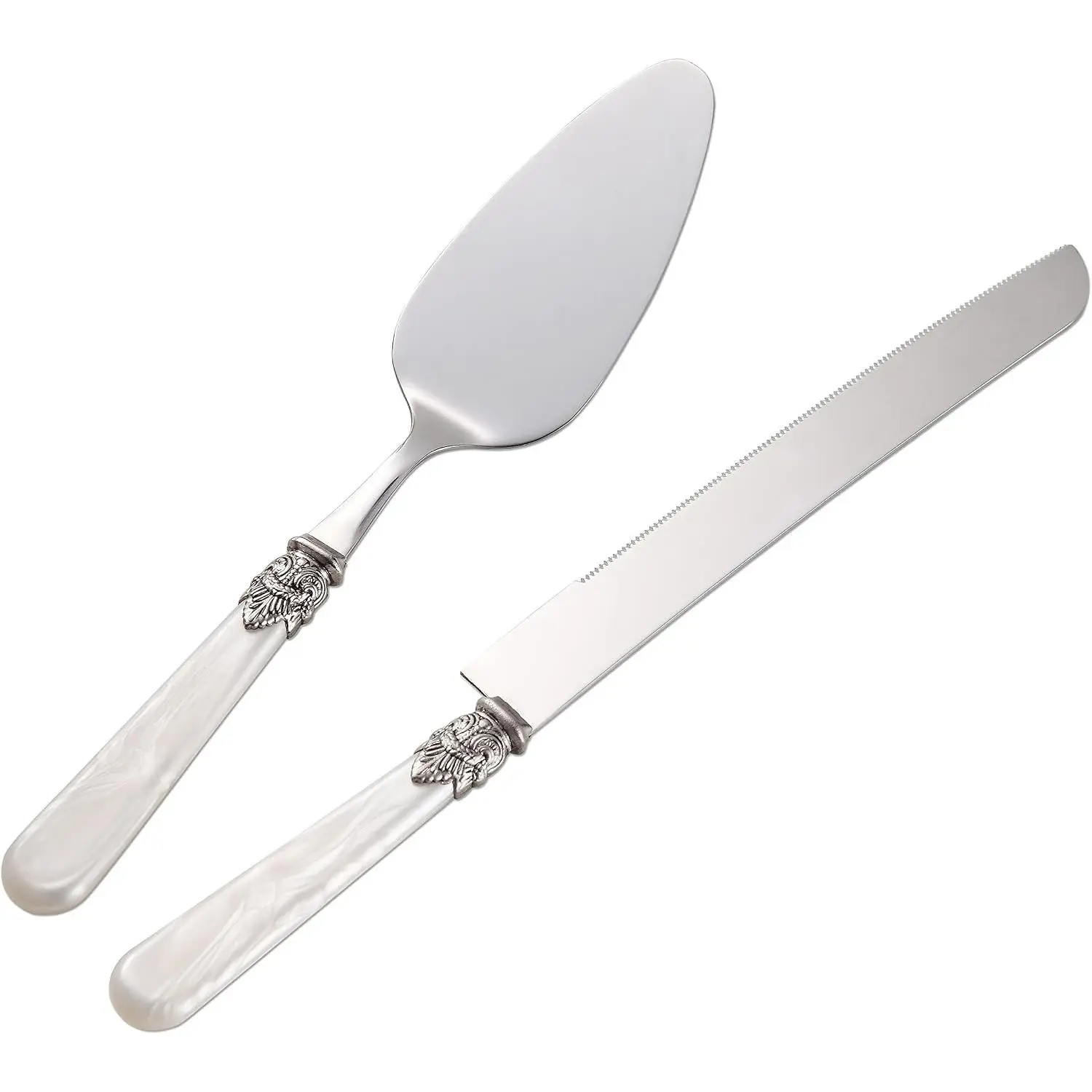 2pcs Wedding Cake Knife and Serve Set, Fancy Handcrafted Italian Design Pearl Pie Knife Server, Vintage Silverware Cake Cutter Gift Set (White)