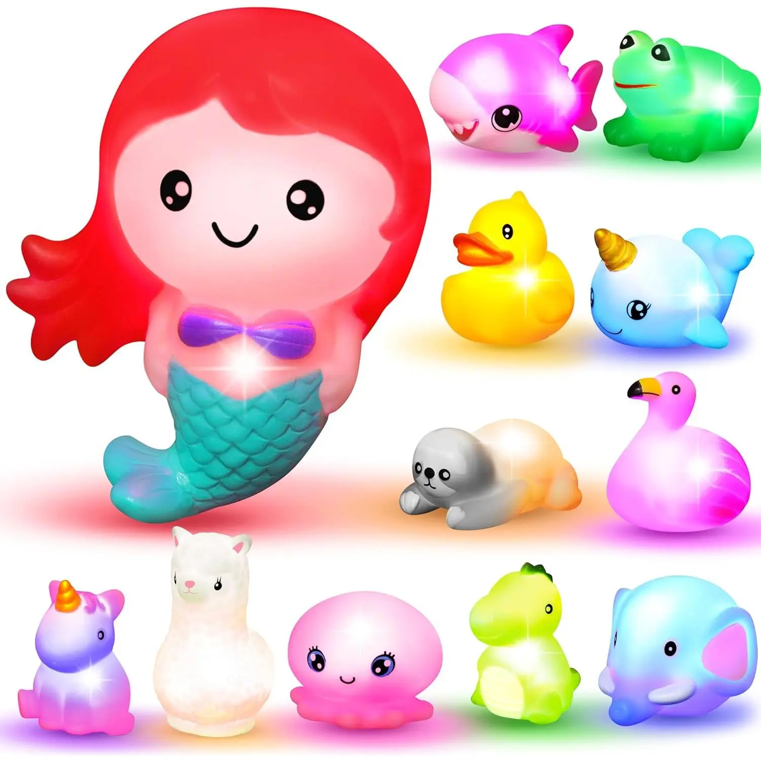 12 PCS Light Up Bath Toys for Toddlers - Flashing Colourful LED Bathtub Mermaid Toy, Floating Rubber Baby Bathtime Shower Gifts for Infant Kids Girls, Valentines Easter Basket Stuffers Pool Party Favor