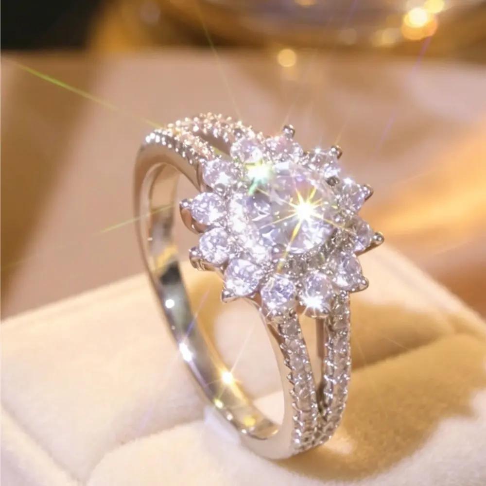 Sunburst Halo Engagement Ring, Round Center Stone with Floral Pave Band, Split Shank Design, Bridal & Promise Jewelry for Women