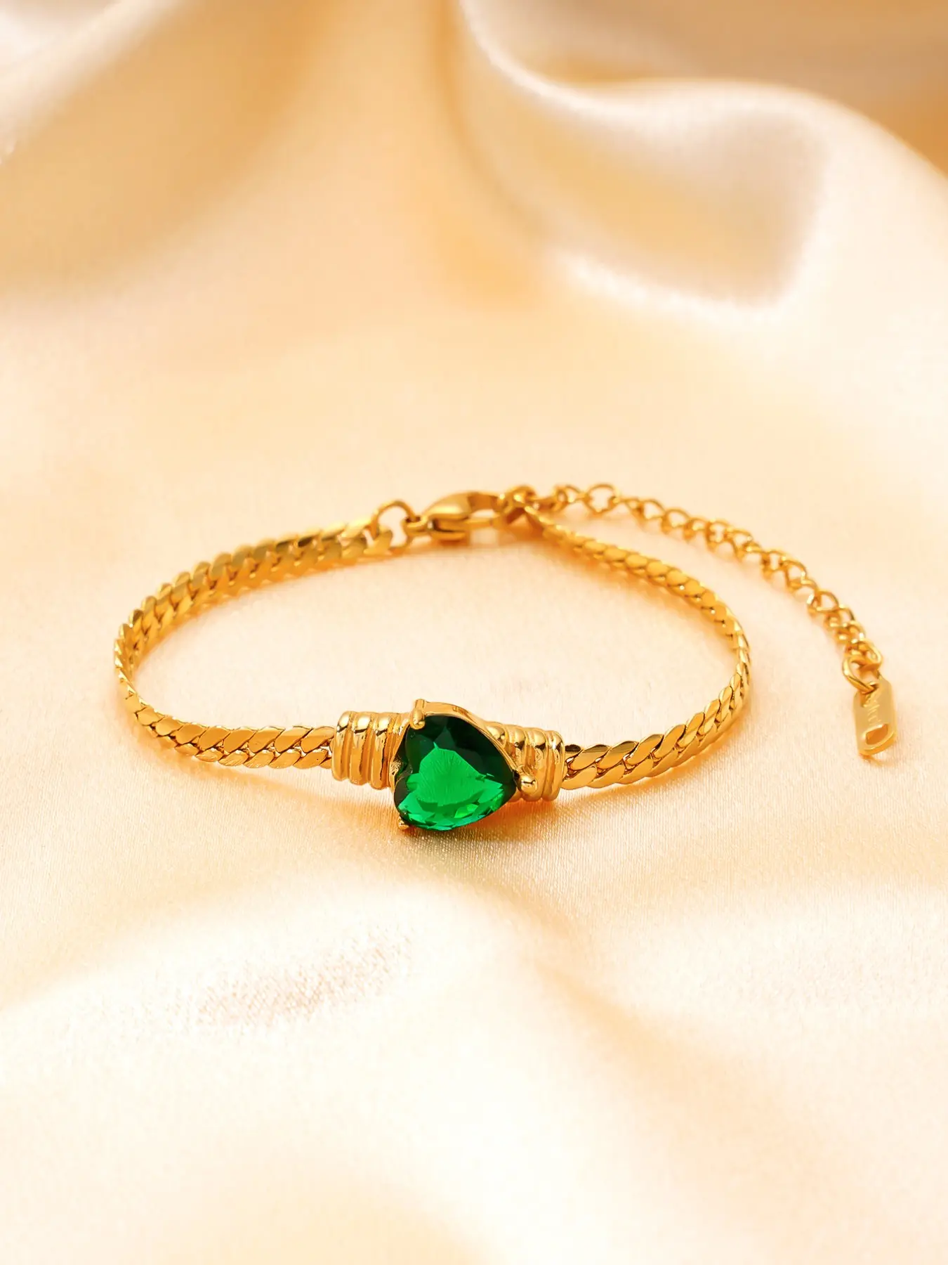 New Heart-Shaped Emerald Crystal Cuban Chain Bracelet, 18k Stainless Steel, Adjustable Extender, Waterproof, Vintage Romantic Gift