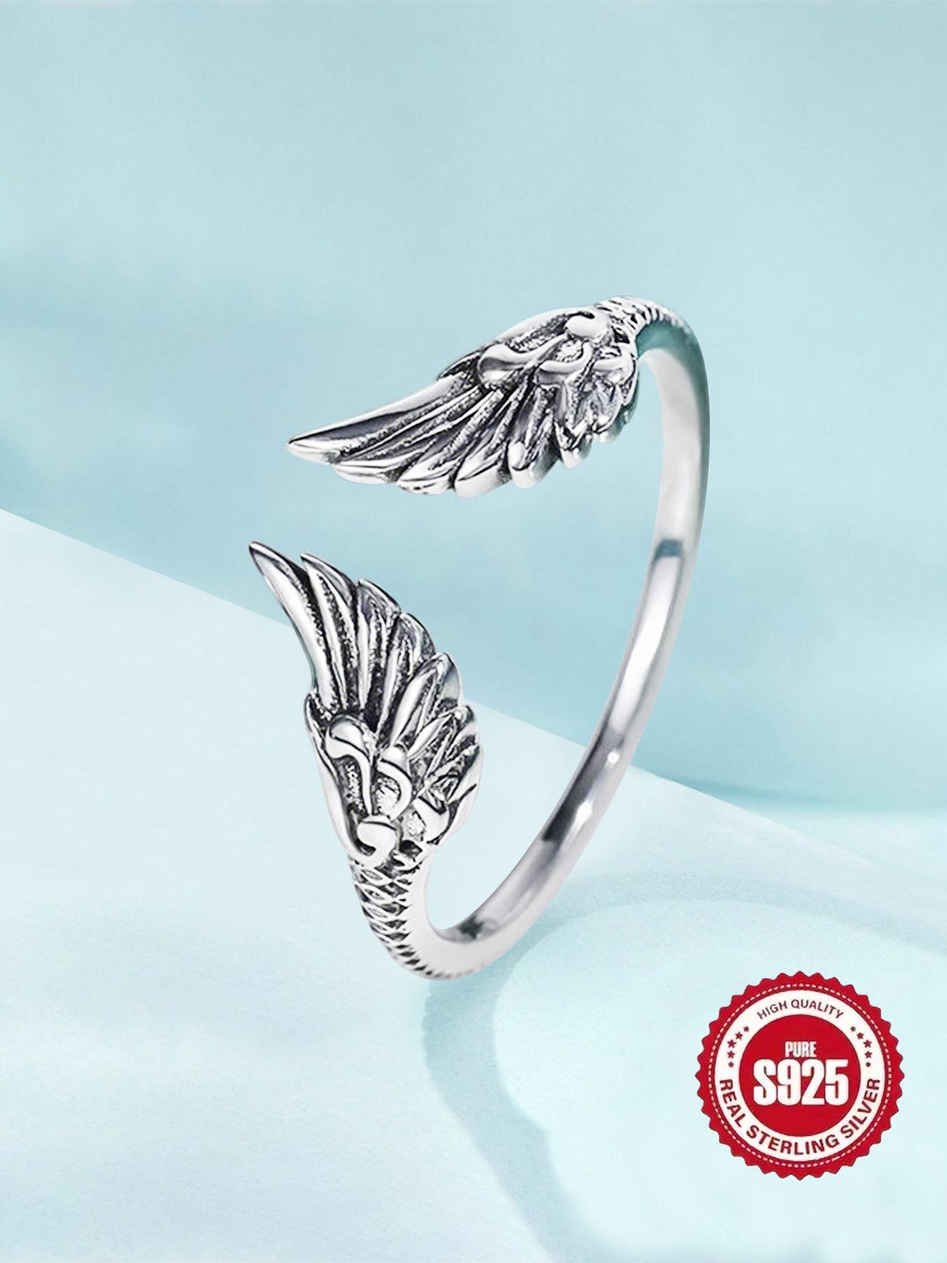S925 Sterling Silver Vintage Angel Wing Design Cuff Ring, Open Ring, Fashion Jewelry Accessories for Women & Girls, Trendy Exquisite Jewelry for Birthday Gift