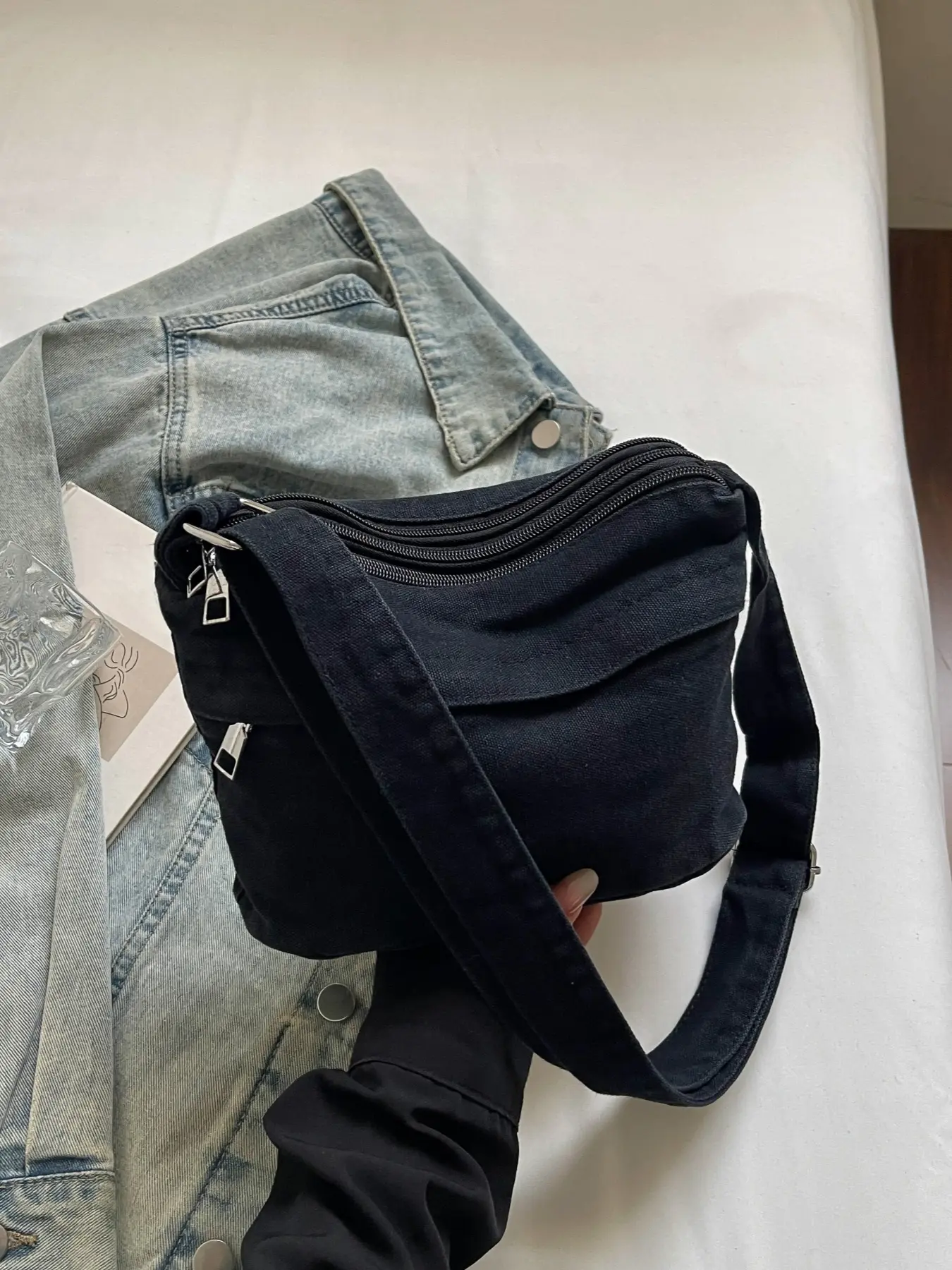 Simple and casual mini crossbody bag with multiple front zipper pockets, adjustable fabric wide strap, soft, lazy and lightweight for daily commuting, campus, and travel shoulder bag