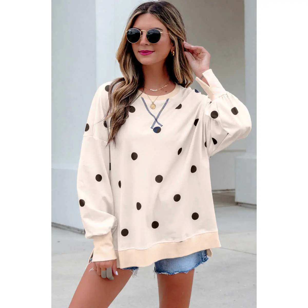 Beige Loose-fit Long Sleeve Round Neck Polka Dot Tunic Sweatshirt