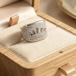 Chunky Rectangle Signet Ring Silver Plated Alloy Fully Micro Paved Round Moissanite 3D King Crown Embossed Motif Wide Heavy Unisex Hip Hop Royal Statement Fashion Jewelry US Ring Sizes 6-13