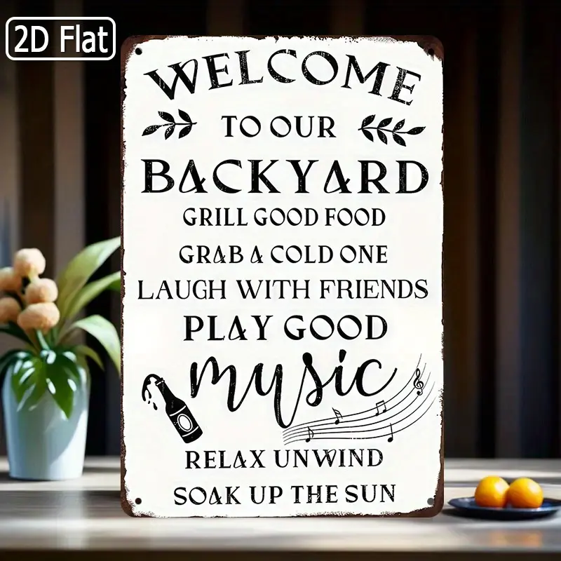2D Flat, 1pc Funny Welcome to Our Backyard Metal Sign - Outdoor/Indoor BBQ Party Decor with Grill Food List - Heavy-Duty Weatherproof Tin Art for Patio, Garden, Porch - Funny Backyard Rules Decoration - Easy Hang Installation - Perfect Housewarming Gift,