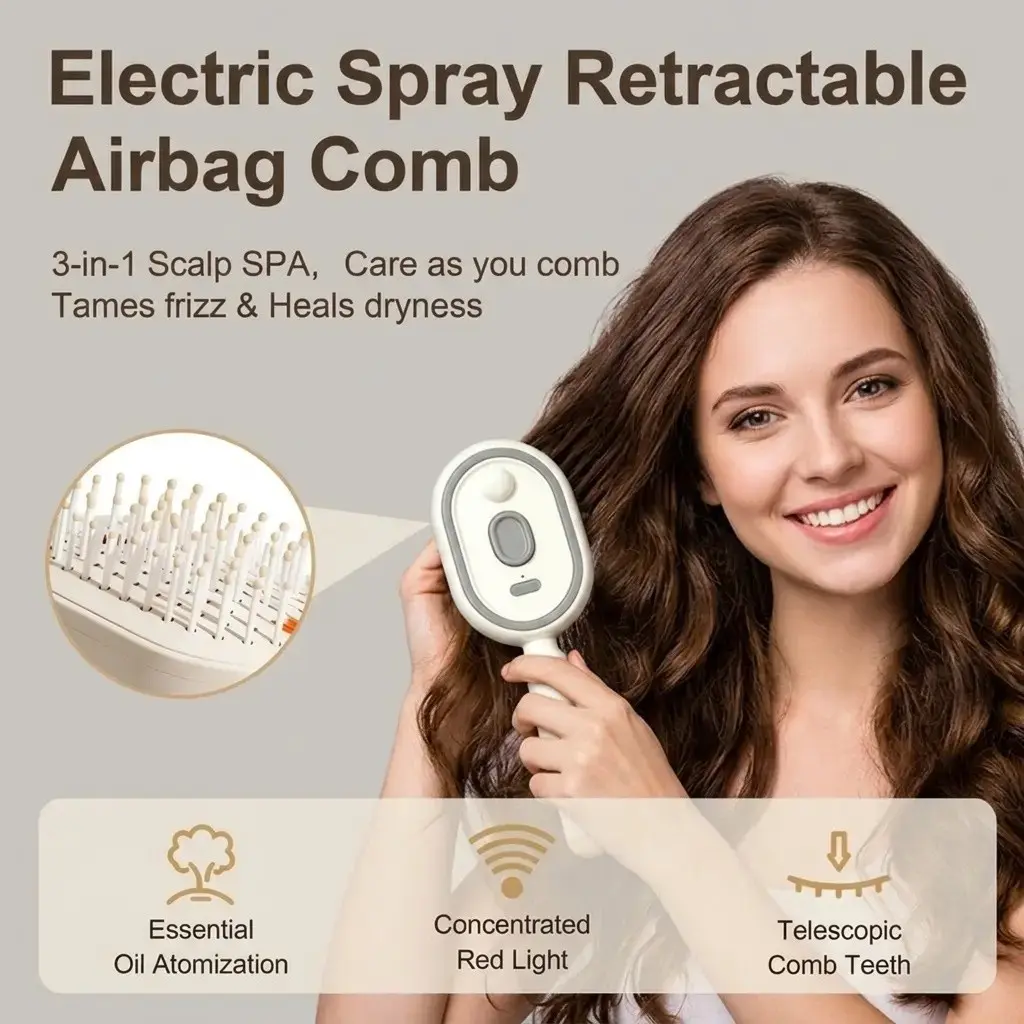Electric spray air cushion massage comb - self-cleaning, anti-tangling, anti-static, Scalp spa, with hairbrush attachment, combined with essential oil atomizing aromatherapy, it cares for hair, Anti Tangle Brushes, and is a Valentine's Day gift