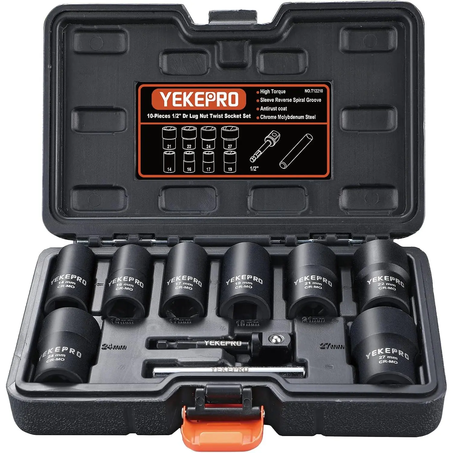 10PCS Lug Nut Removal Tool, 1/2" Drive Bolt Extractor Kit| Twist Kit, Stripped For Damaged, Frozen, Studs, Rusted, Rounded-Off, Nuts & Screws, Cr-Mo