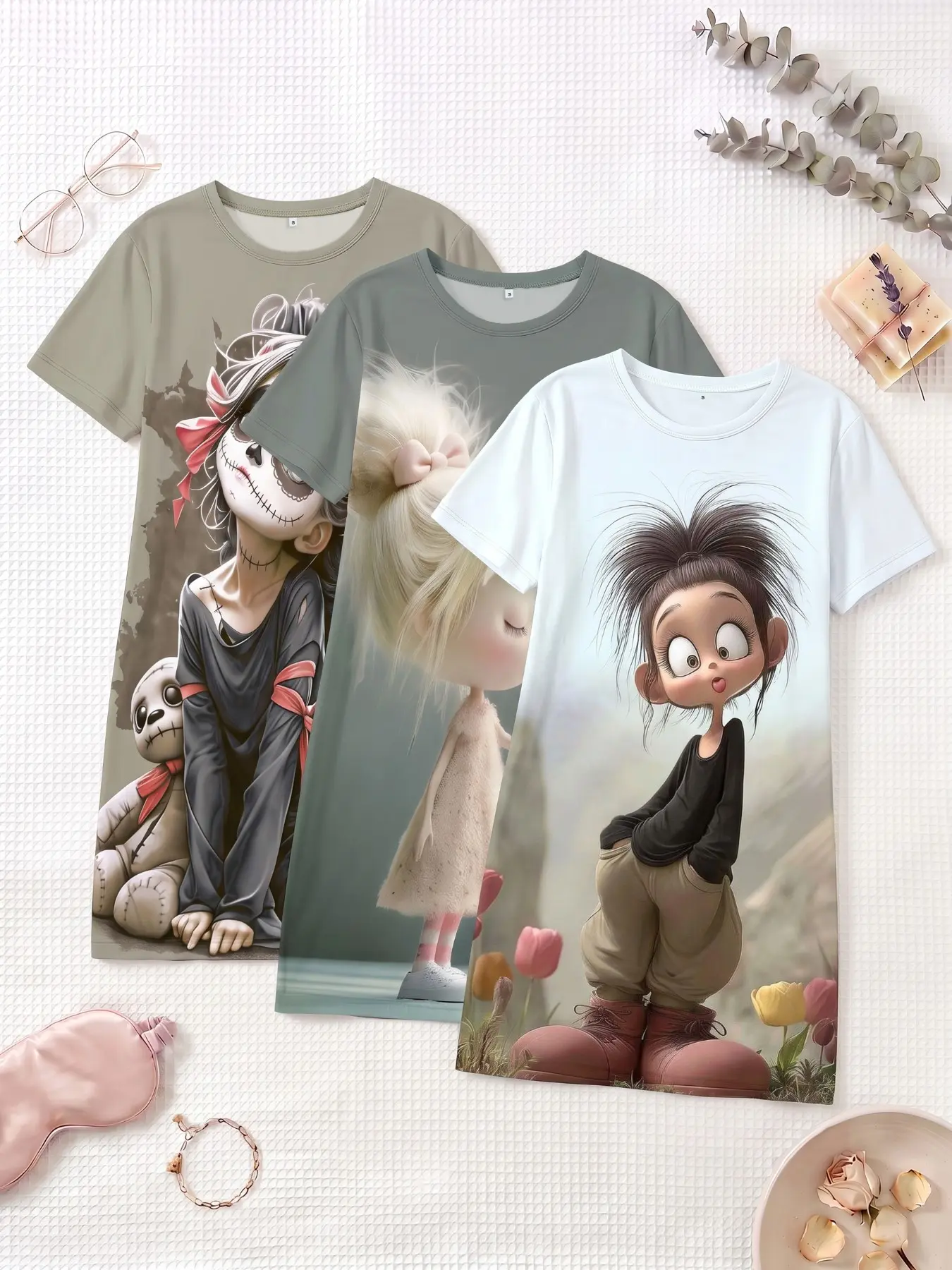 3-Piece Set Cute Plush Animal Large Print Short Sleeve Round Neck Women's Nightgown Pajamas, Spring Summer Autumn Wear, Casual Home Sleepwear