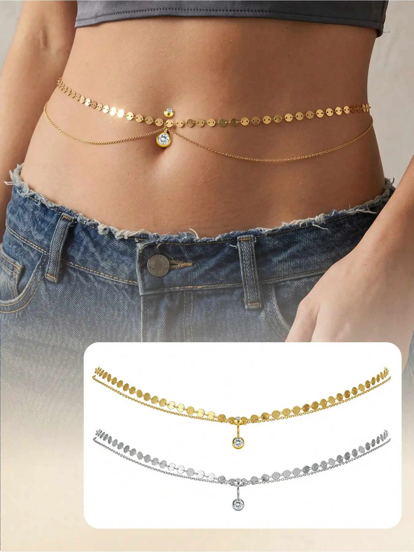 Belly Buttom Ring With Waist Chain Summer Beach Multi-Layer,Bikini Navel Piercing Dangle Belly Button Rings,Waist Chain Belly Body Chain Jewelry