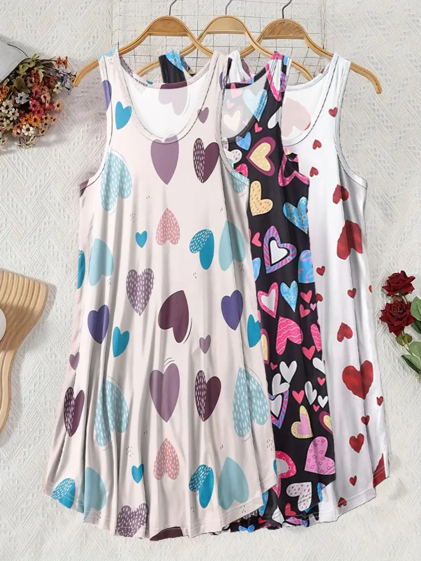Plus Size Women's Printed Sleeveless Nightdress Set, Round Neck Loose Fit Sleepwear Loungewear, Three-Piece Home Wear, Comfortable and Stylish