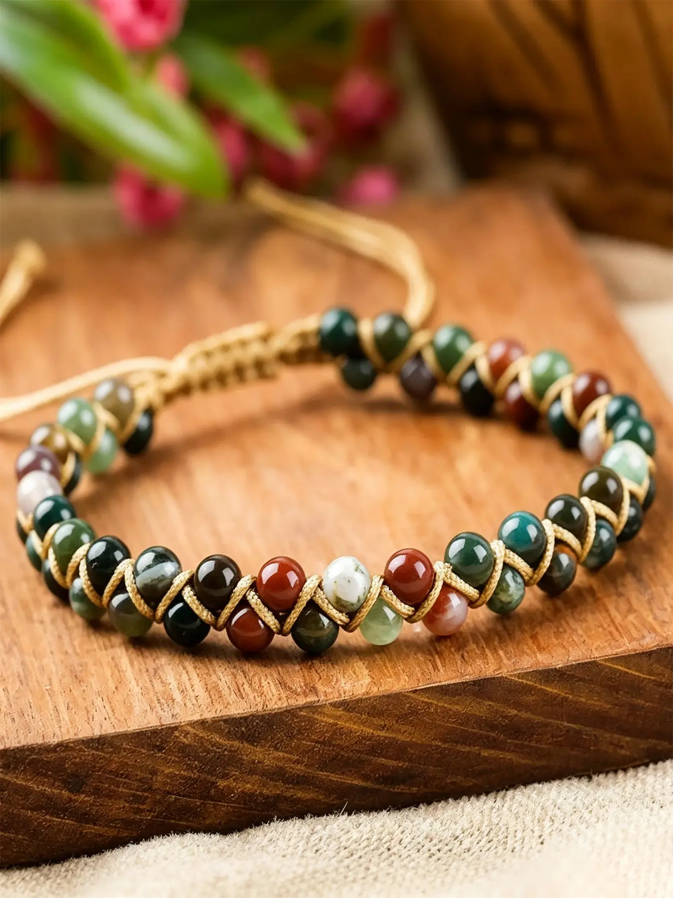 1 Piece Boho Multicolor Round Bead Braided Adjustable Bracelet for Women, Vintage Hand Woven Rope Stackable Wristband, Nature Mixed Color Stone Bead Bracelet, Bohemian Cottagecore Daily Vacation Fashion Jewelry