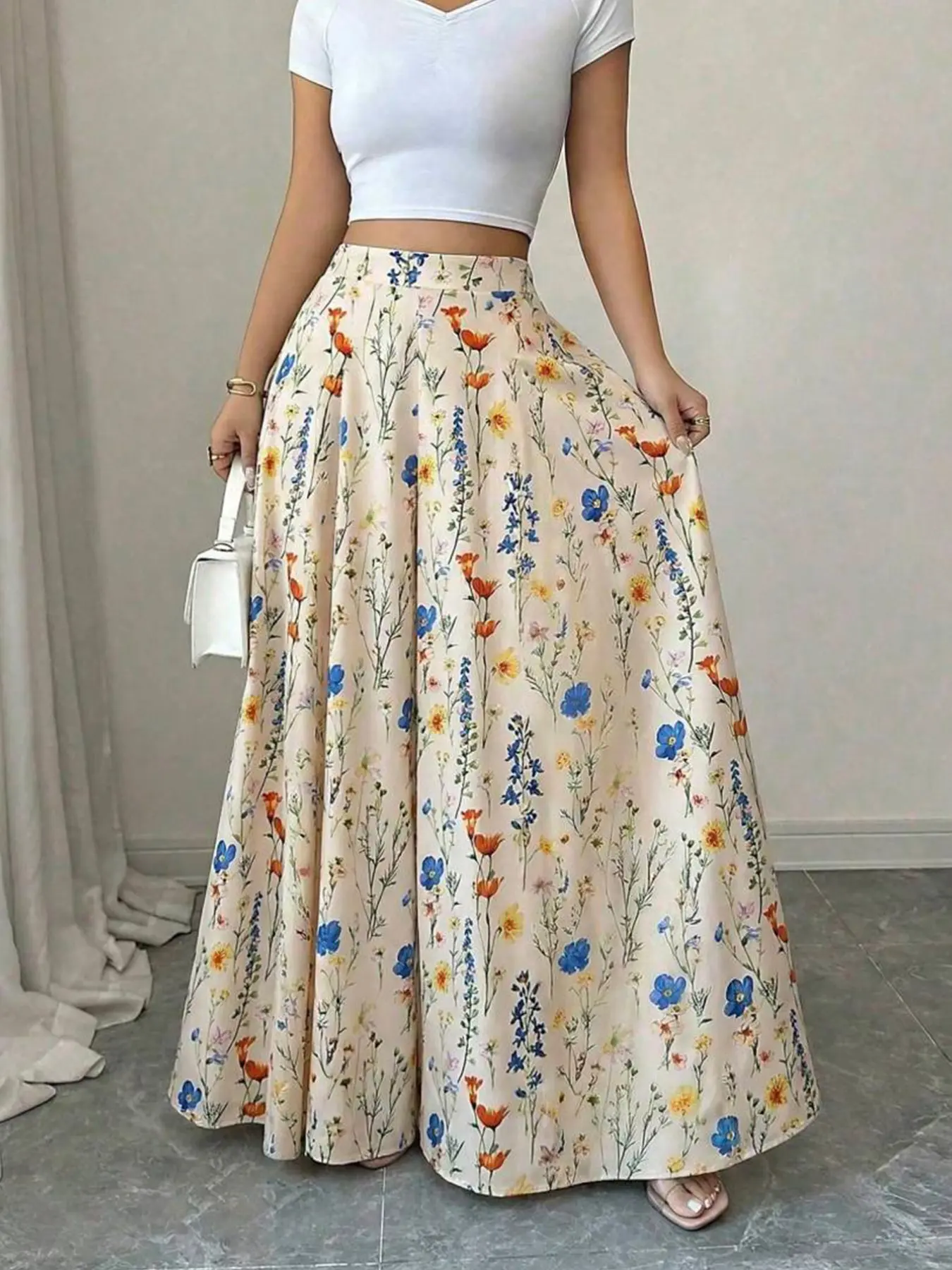 Plus Size Ditsy Floral Wide-Leg Pants Boho Style Casual High-Waisted Flared Long Trousers, Boho Chic Trousers, Y2K Summer Daily Wear, Relaxed Fit Casual Ensembles, Stylish Botanical Print Detail Party Casual Wear