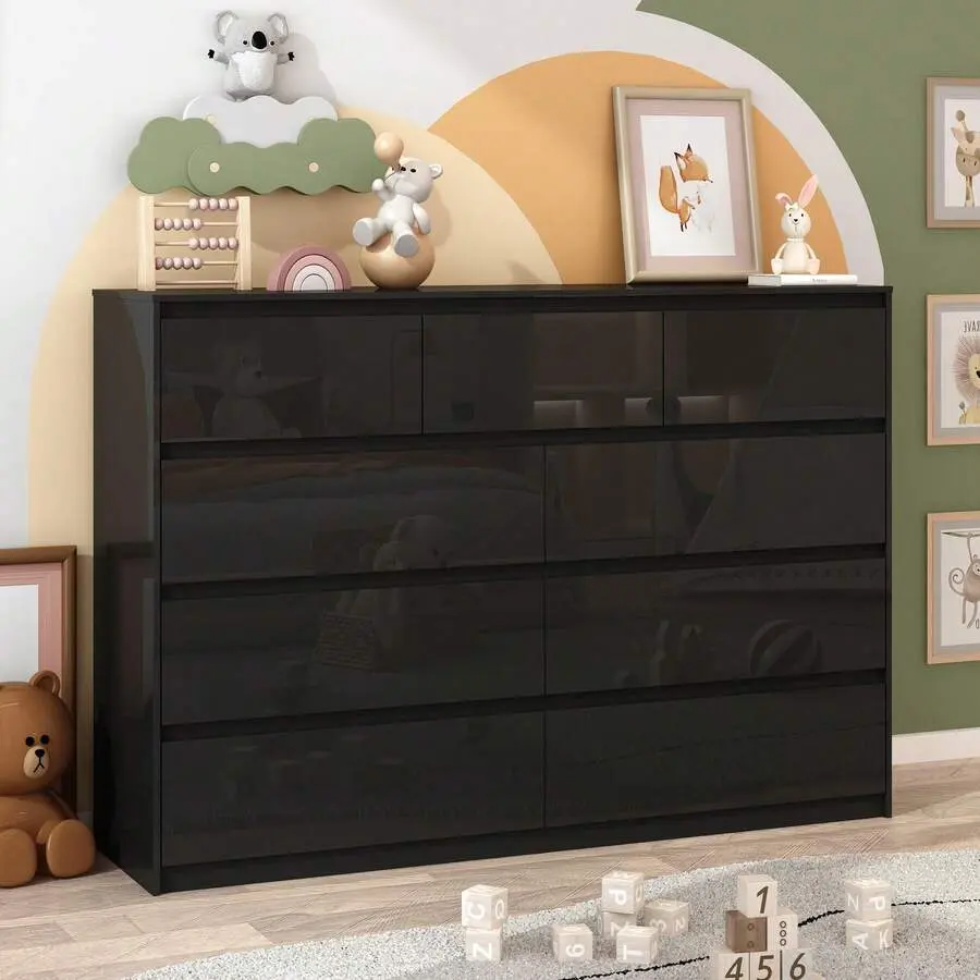 Modern Black Gloss Malm Bedroom Dresser - 59" Wide, 9 Drawers, Handle-Free Indoor Storage Cabinet